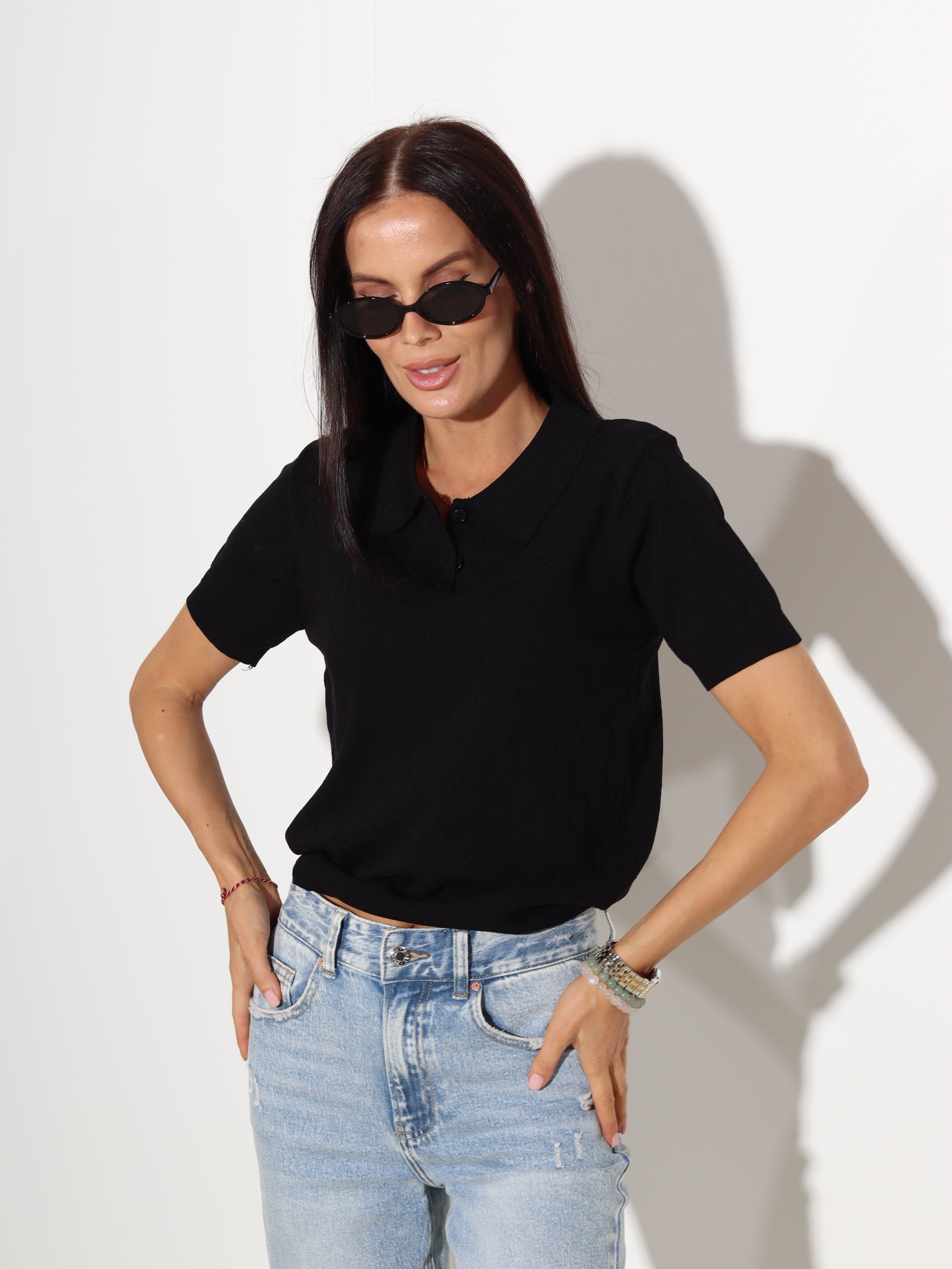 Melns polo tipa tops, rombveida adījums - 20281