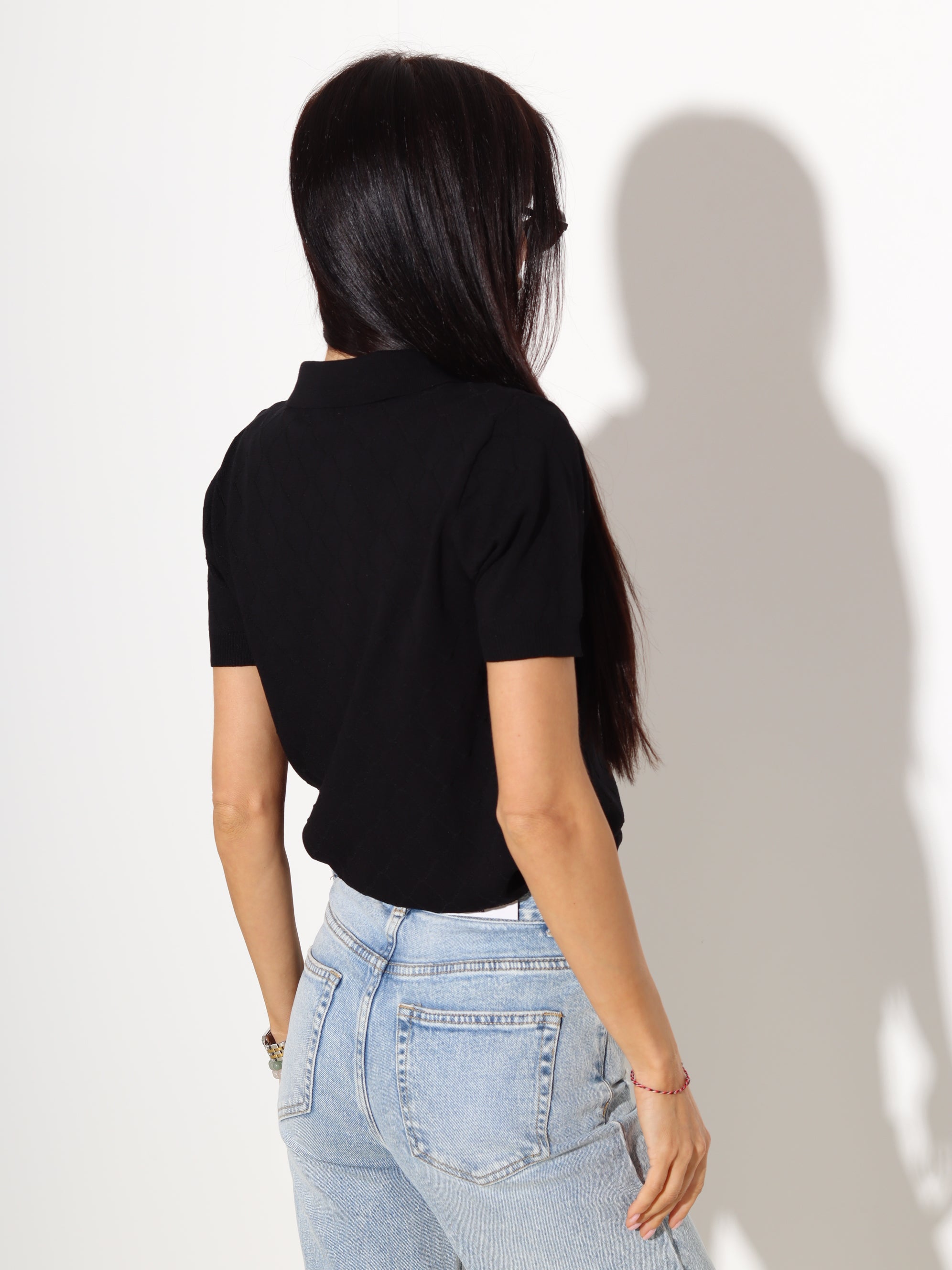 Melns polo tipa tops, rombveida adījums - 20281