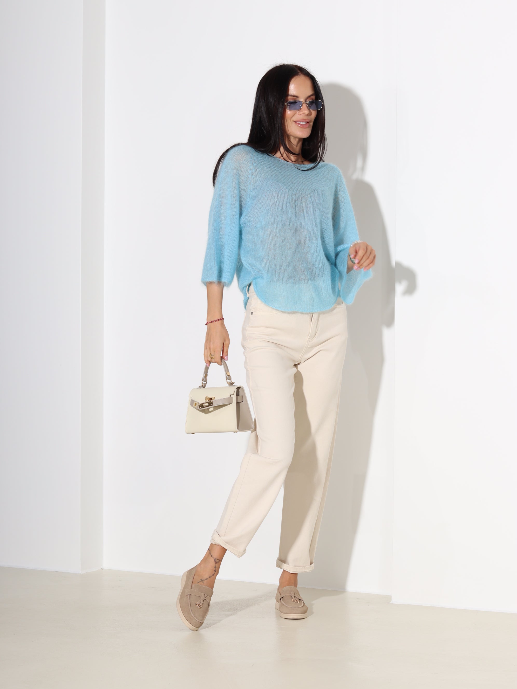 Zils, plāna adījuma mohēras džemperis ar īsām piedurknēm - 18326