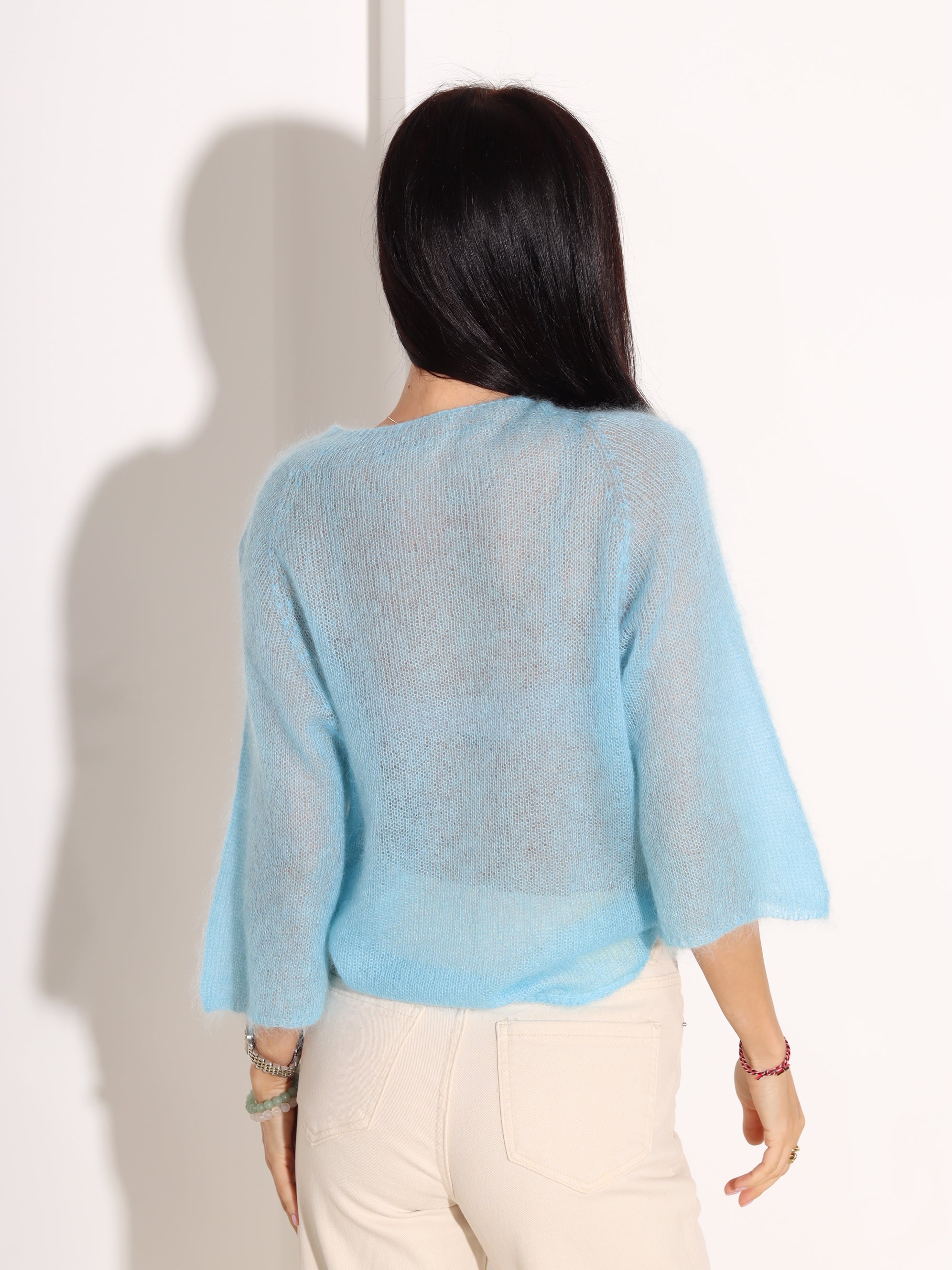 Zils, plāna adījuma mohēras džemperis ar īsām piedurknēm - 18326