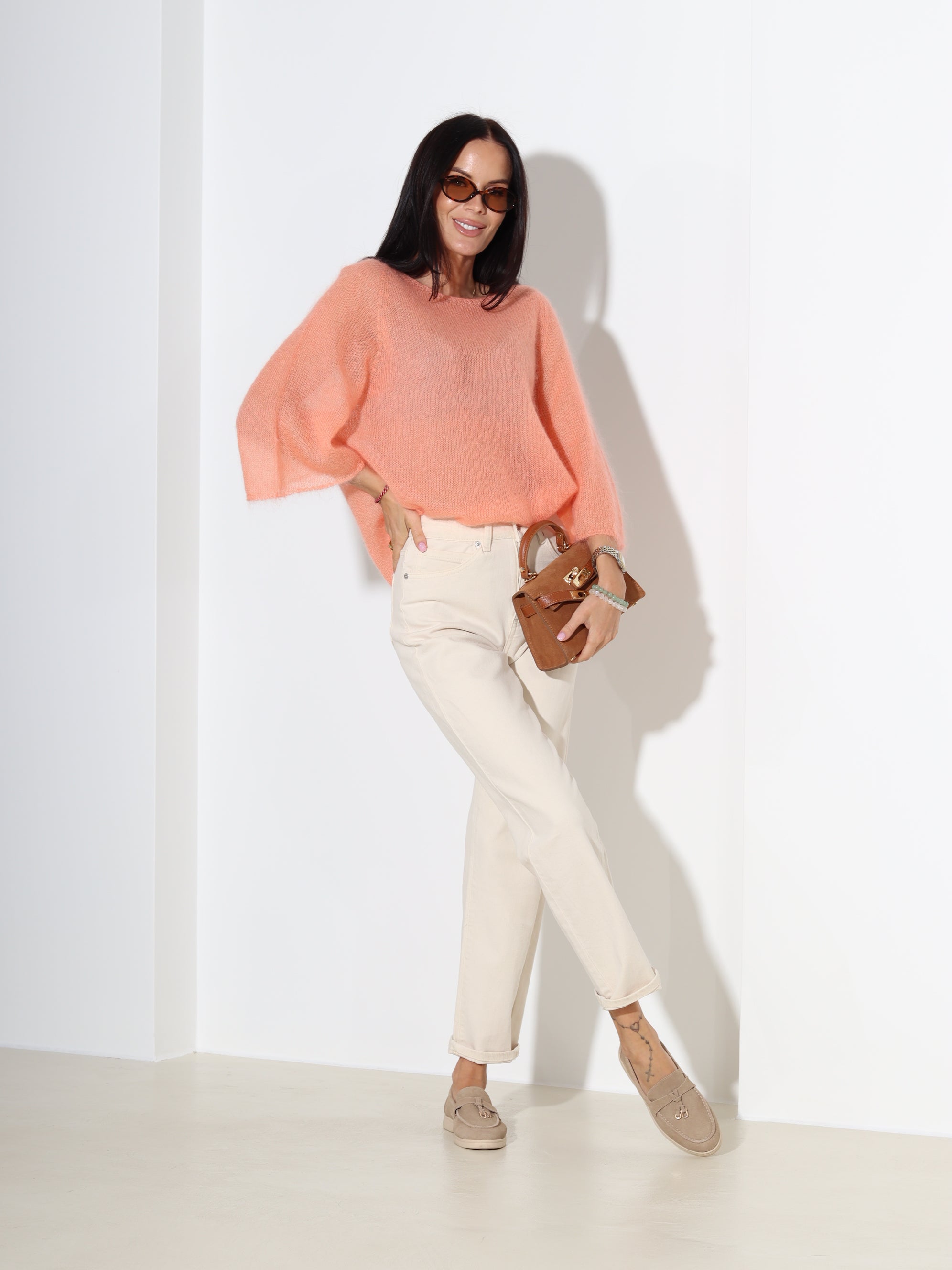 Oranžs, plāna adījuma mohēras džemperis ar īsām piedurknēm - 18327