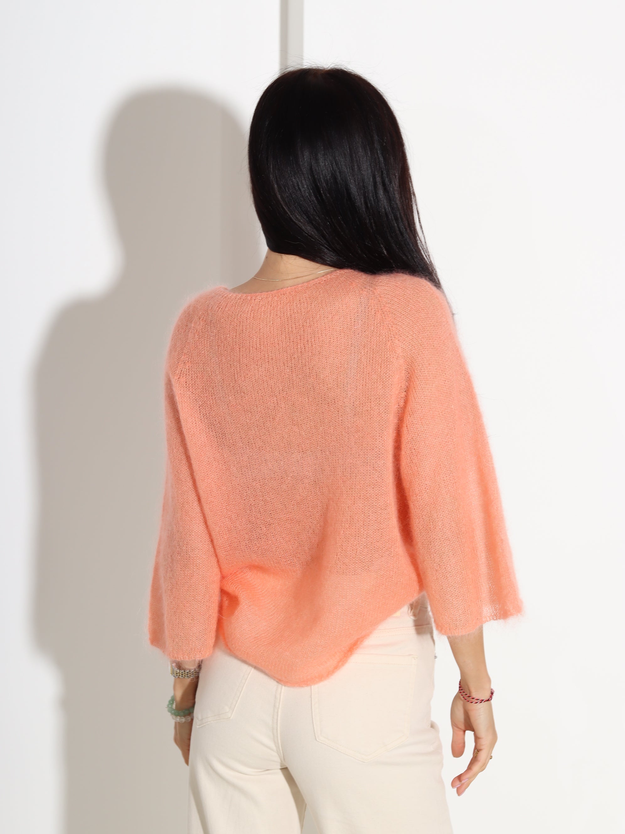 Oranžs, plāna adījuma mohēras džemperis ar īsām piedurknēm - 18327