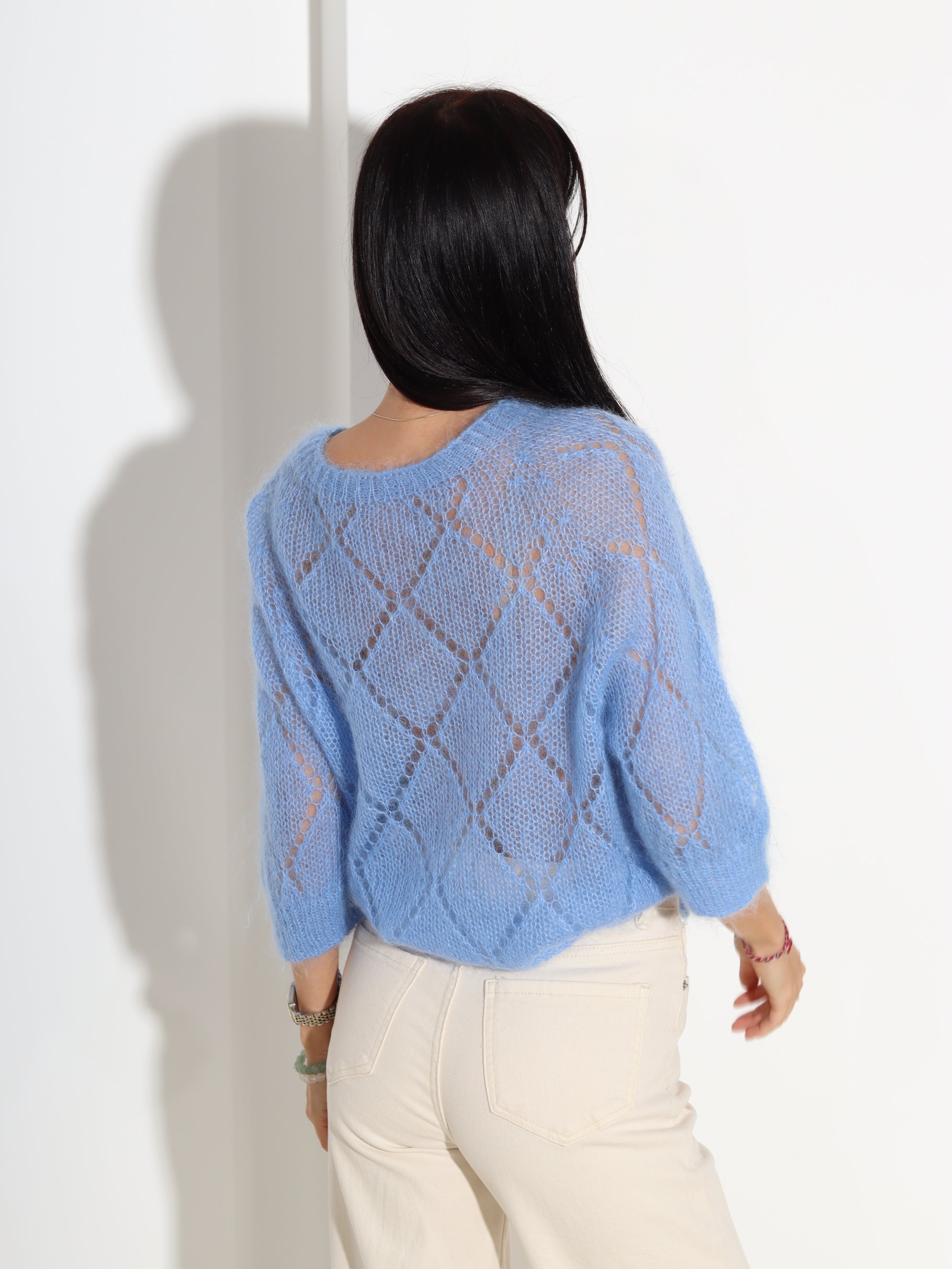 Zils, perforēts mohēras džemperis ar īsu piedurkni- 18320