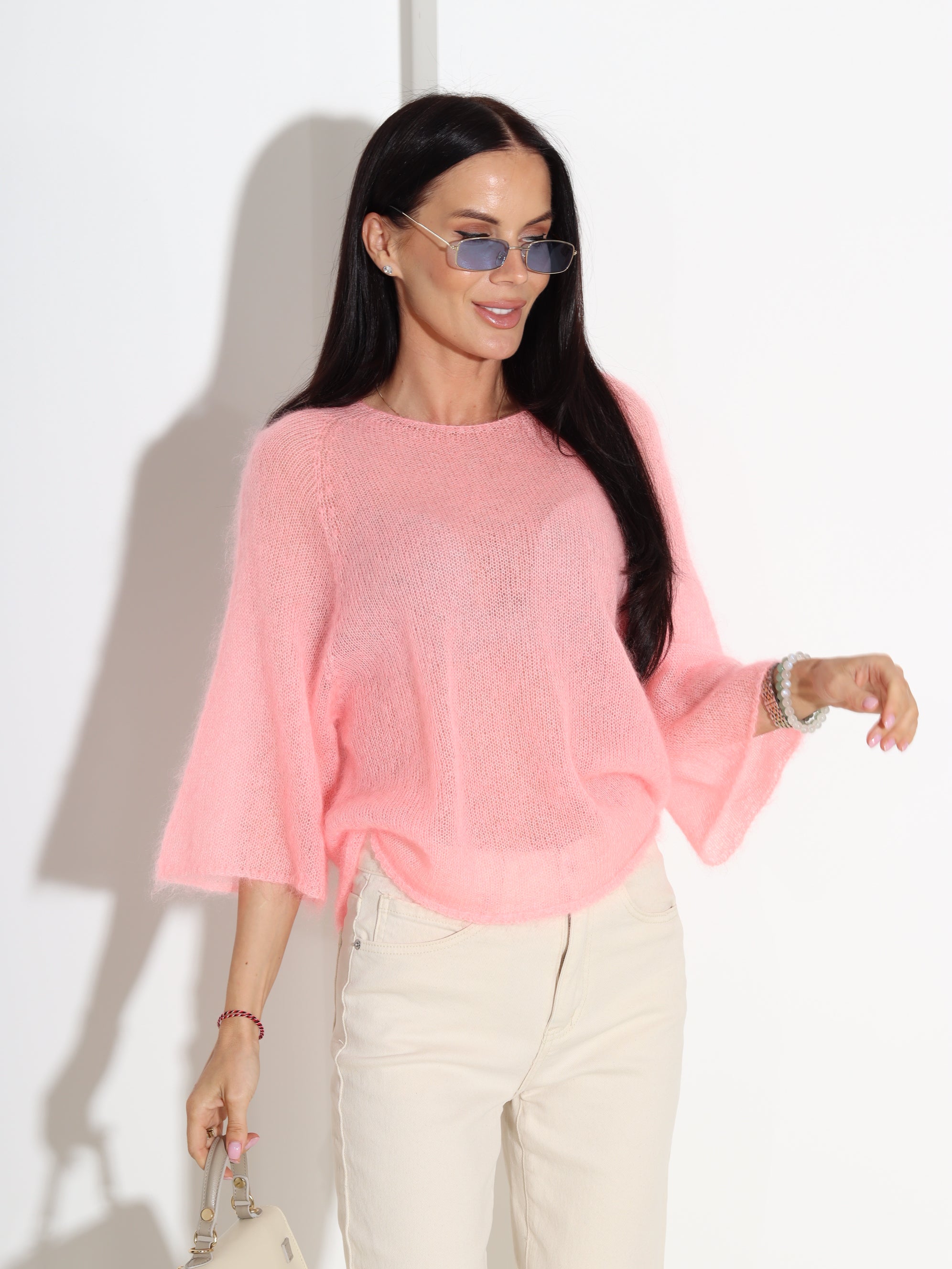 Rozā, plāna adījuma mohēras džemperis ar īsām piedurknēm - 18325