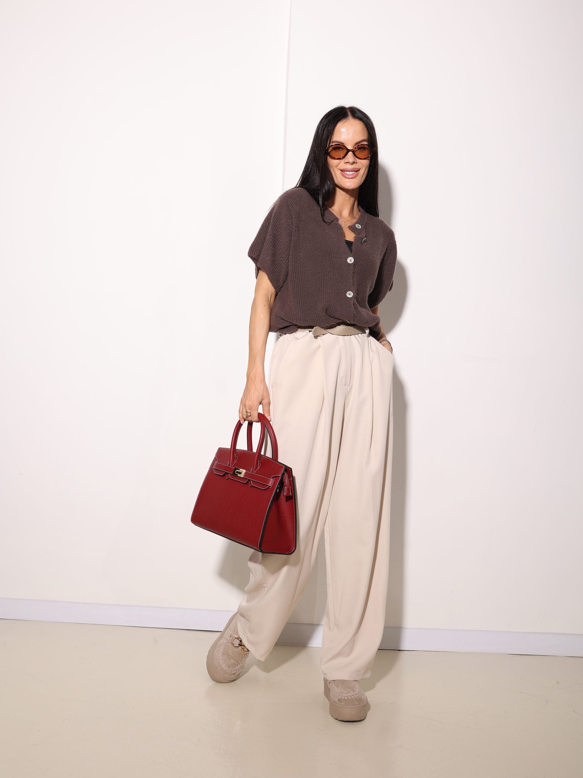 Bēšas, oversize , auduma bikses ar iešuvi - 16007