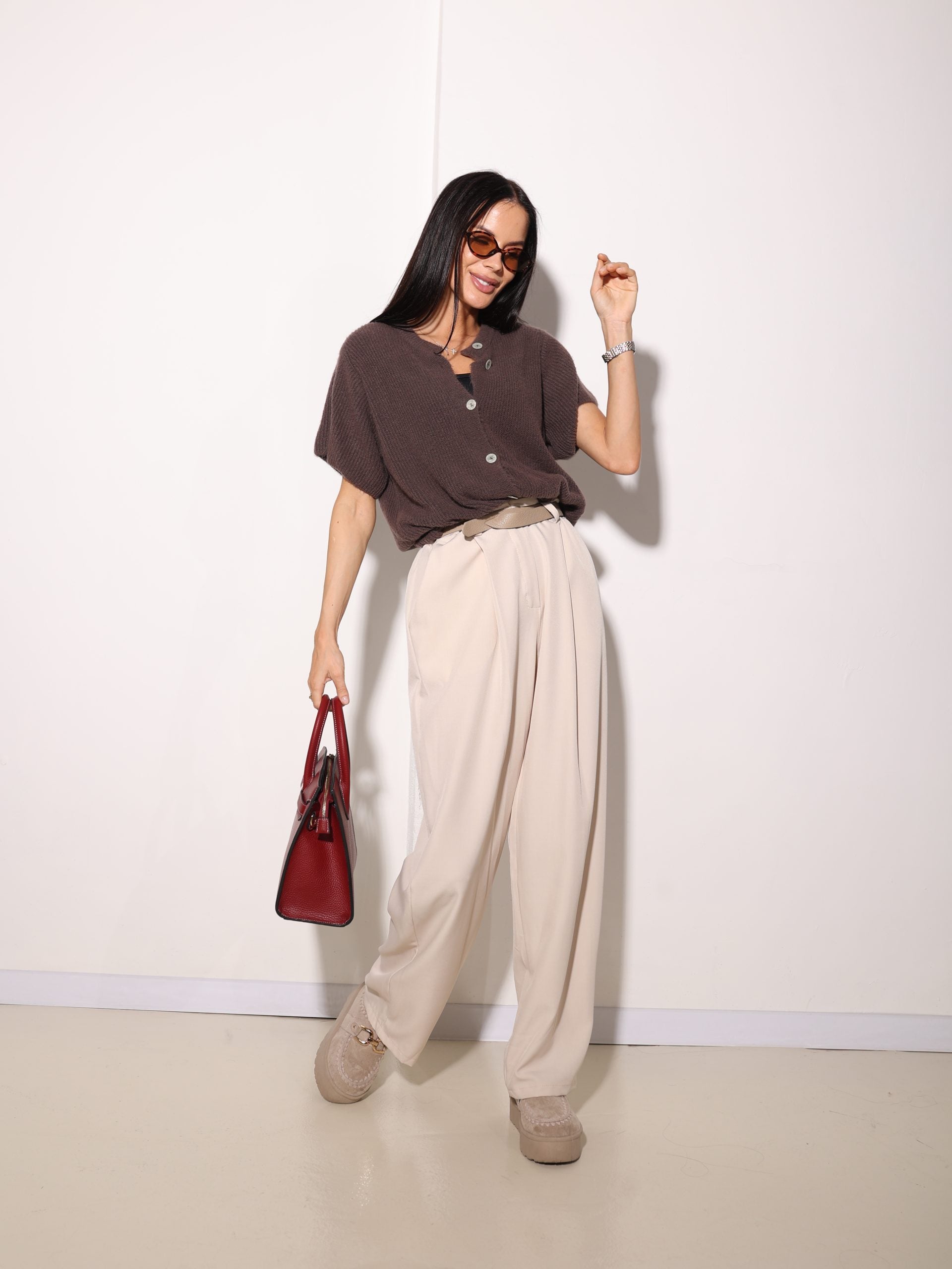 Bēšas, oversize , auduma bikses ar iešuvi - 16007