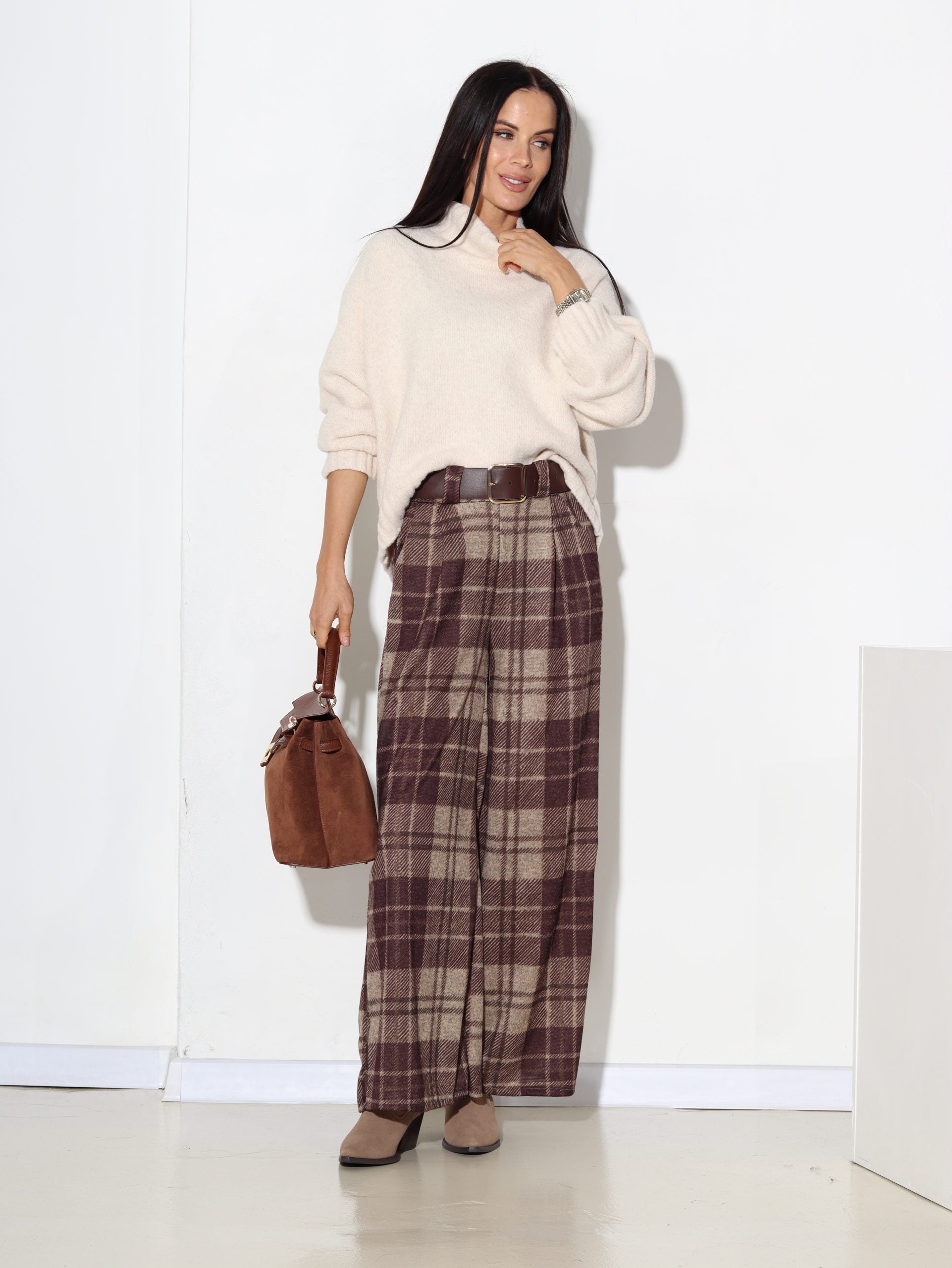 T.brūnas rūtainas bikses ar jostiņu - 17119