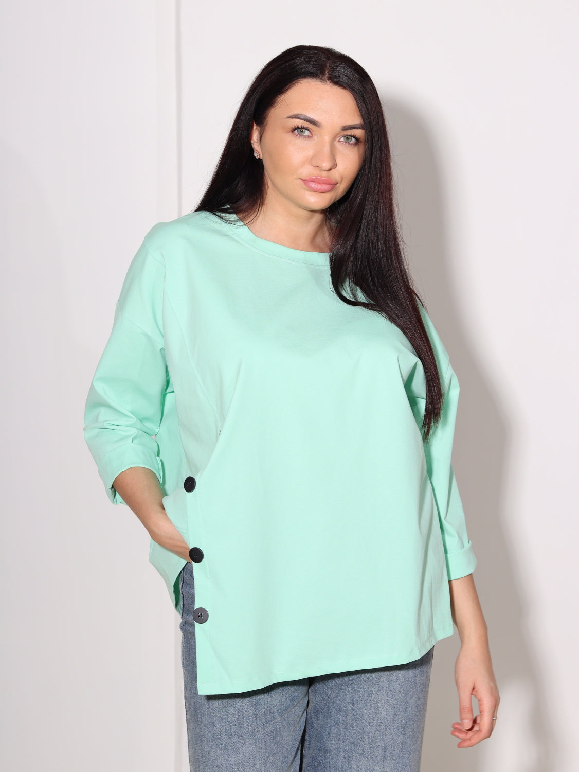 Zaļš tops oversize ar podziņas akcentu - 14051