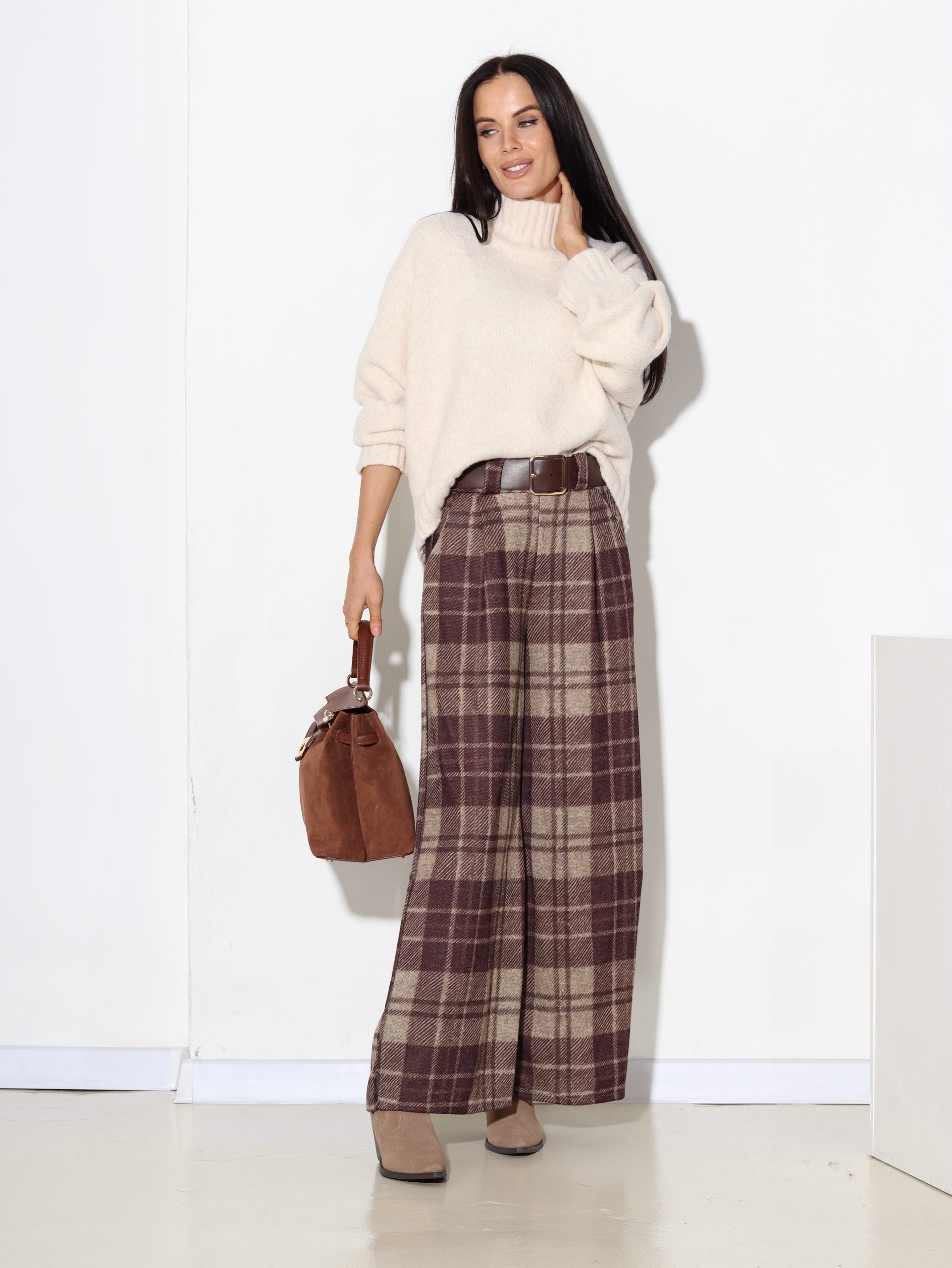 T.brūnas rūtainas bikses ar jostiņu - 17119