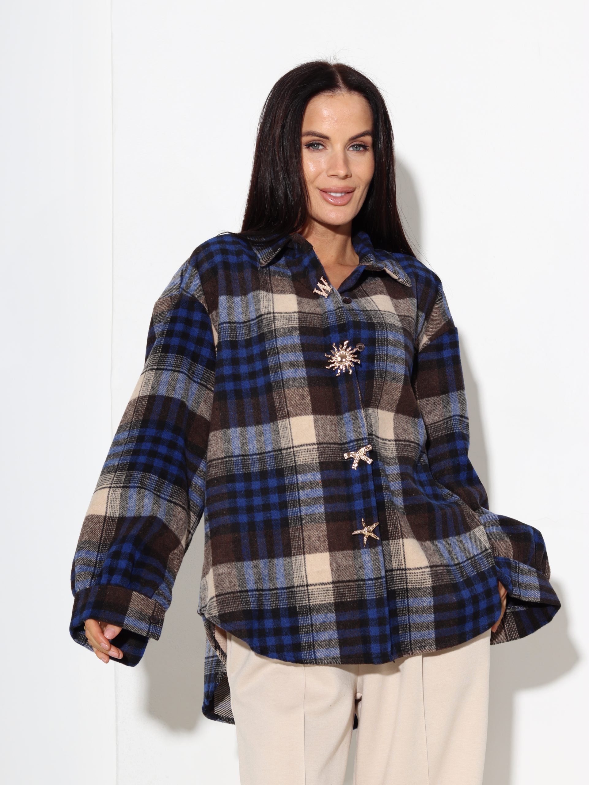 T.zilu rūtiņu raksta krekls ar pogu piespraudēm - 17093