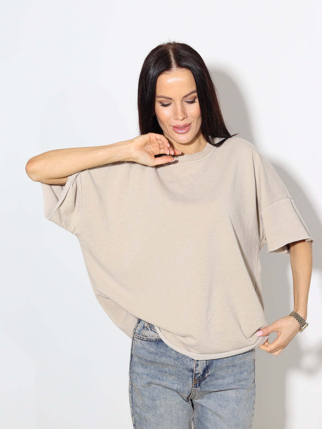 Bēšs cilpiņtrikotāšas t-krekls - 14059