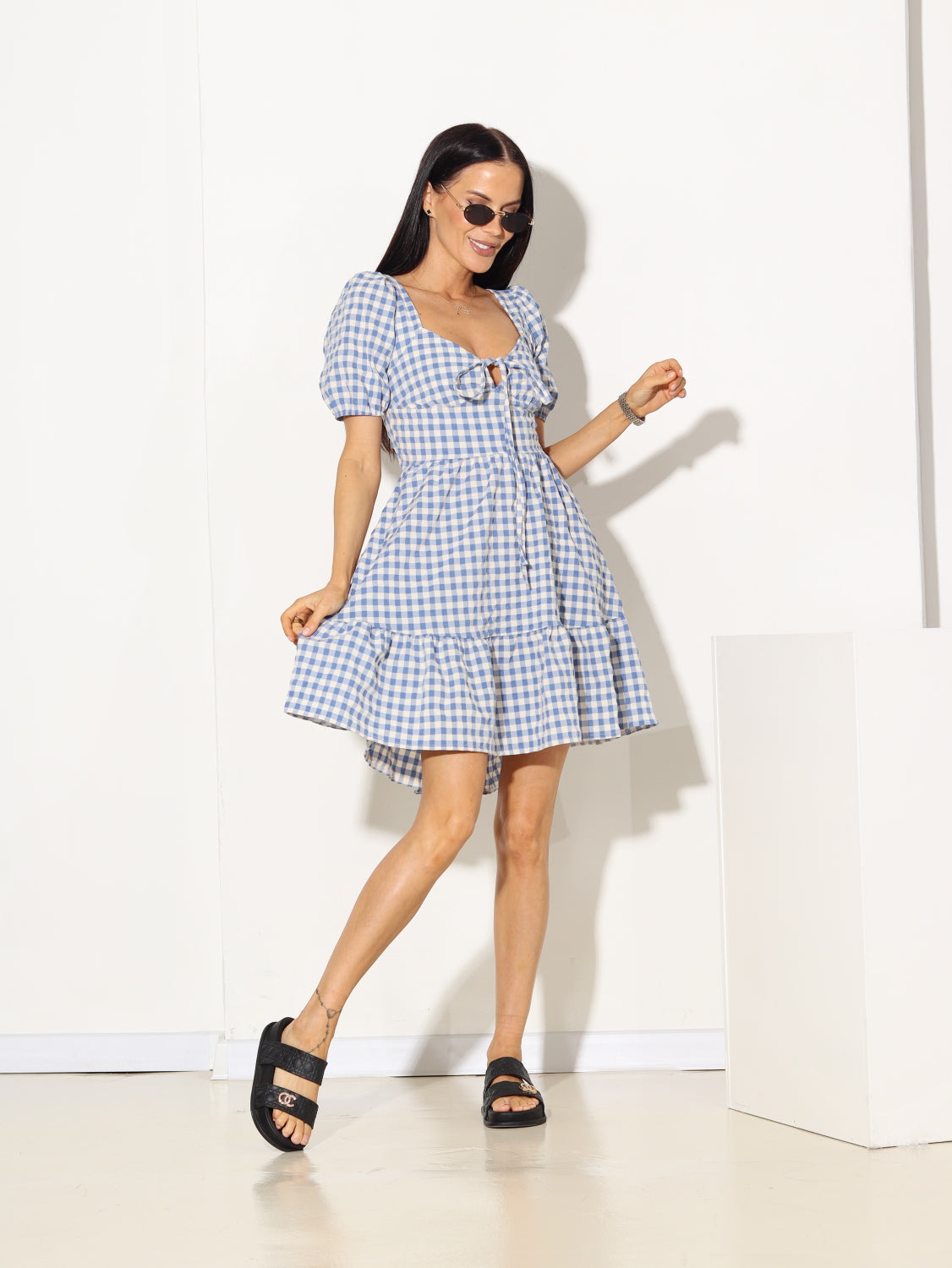 Zila, rūtaina kleita ar īsām pieduknēm - 15199