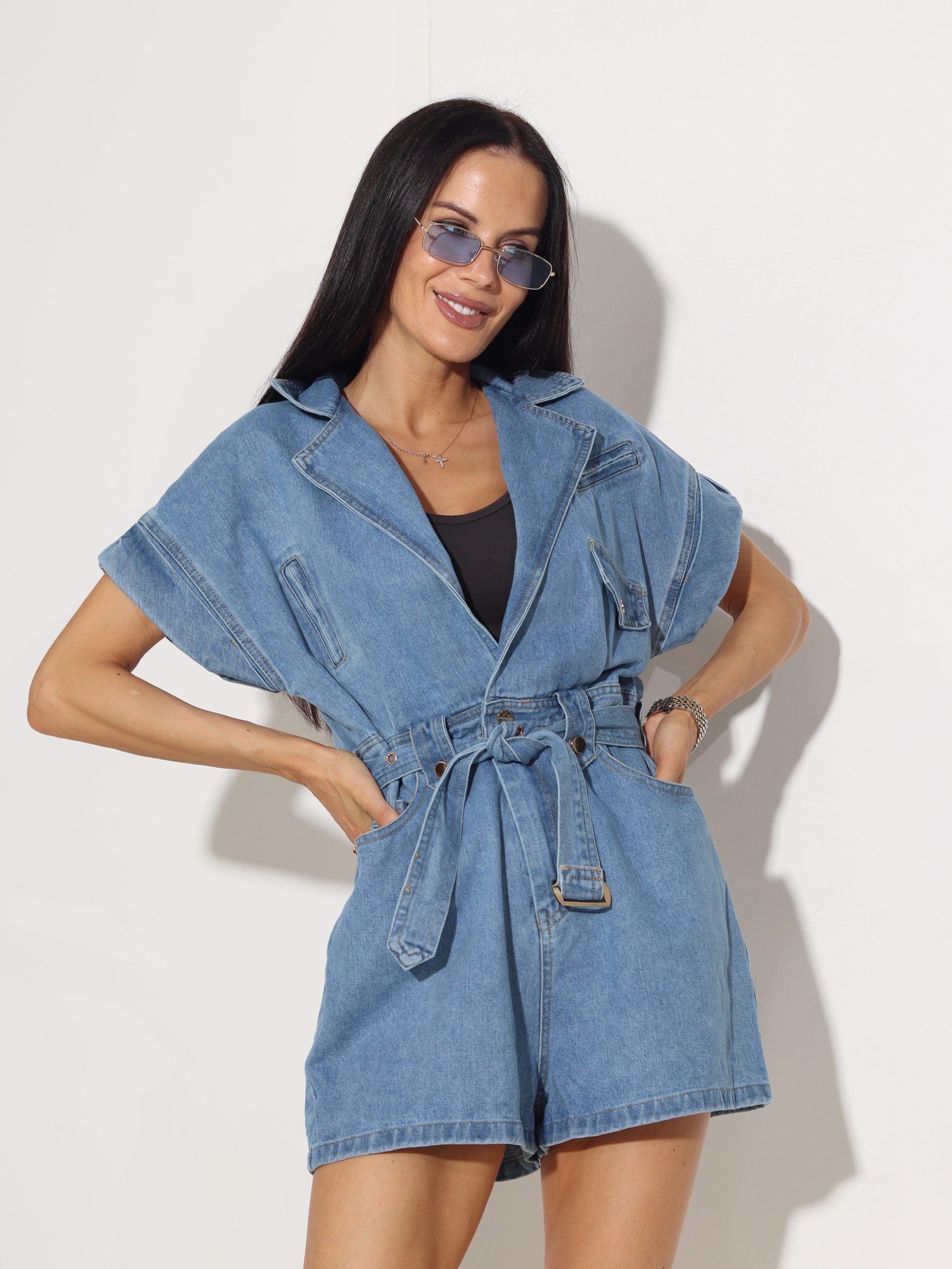 Zils džinsa auduma šortu kombinezons - 15836