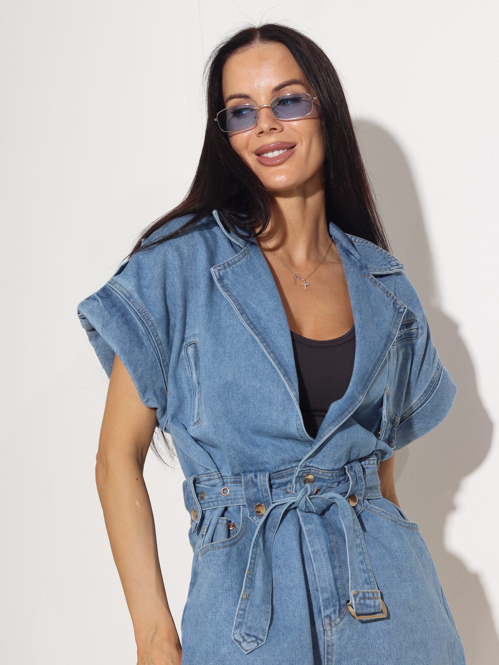 Zils džinsa auduma šortu kombinezons - 15836