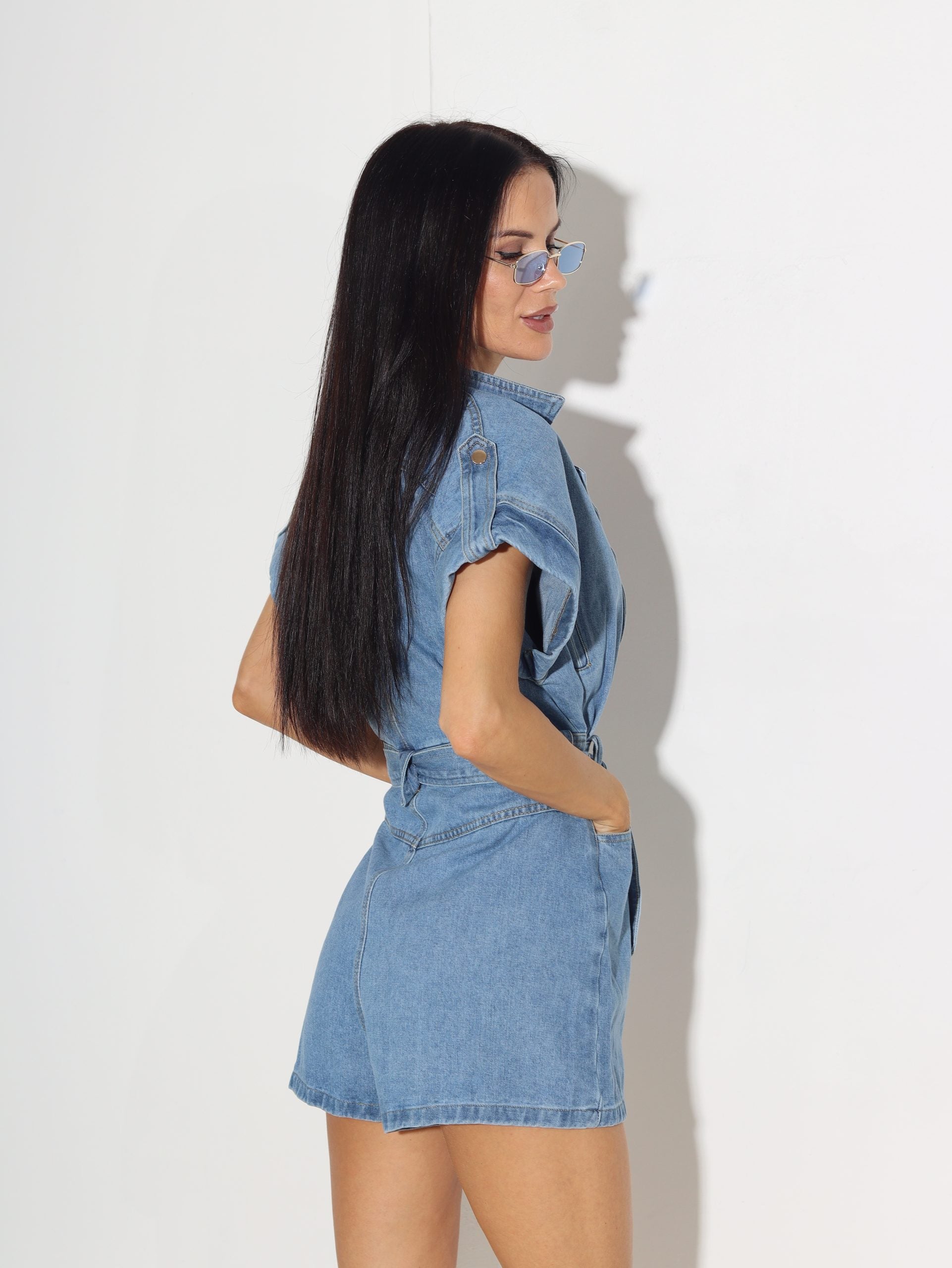 Zils džinsa auduma šortu kombinezons - 15836