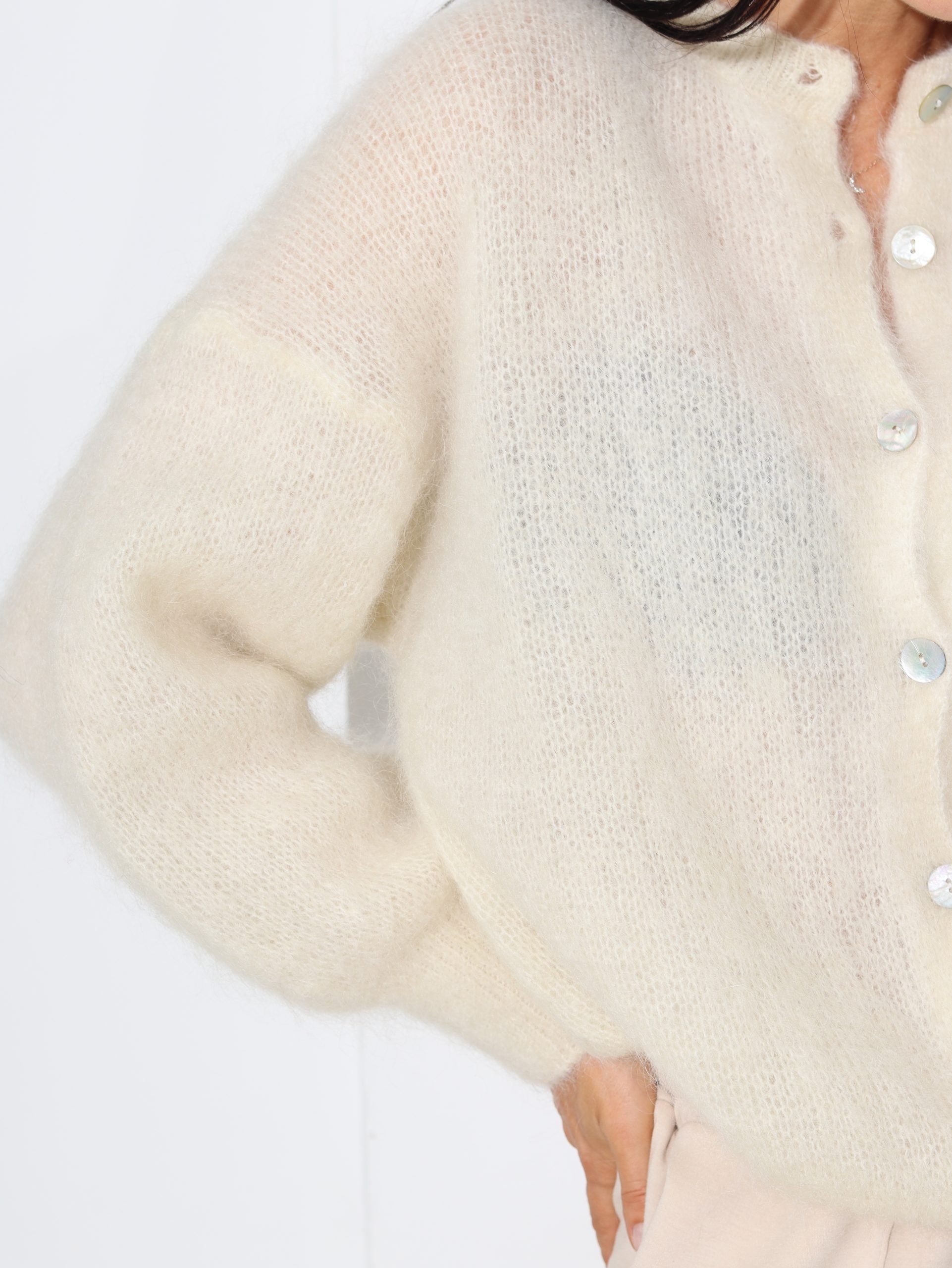 Balta, brīva piegriezuma, pogājama Mohēras jaka - 16253