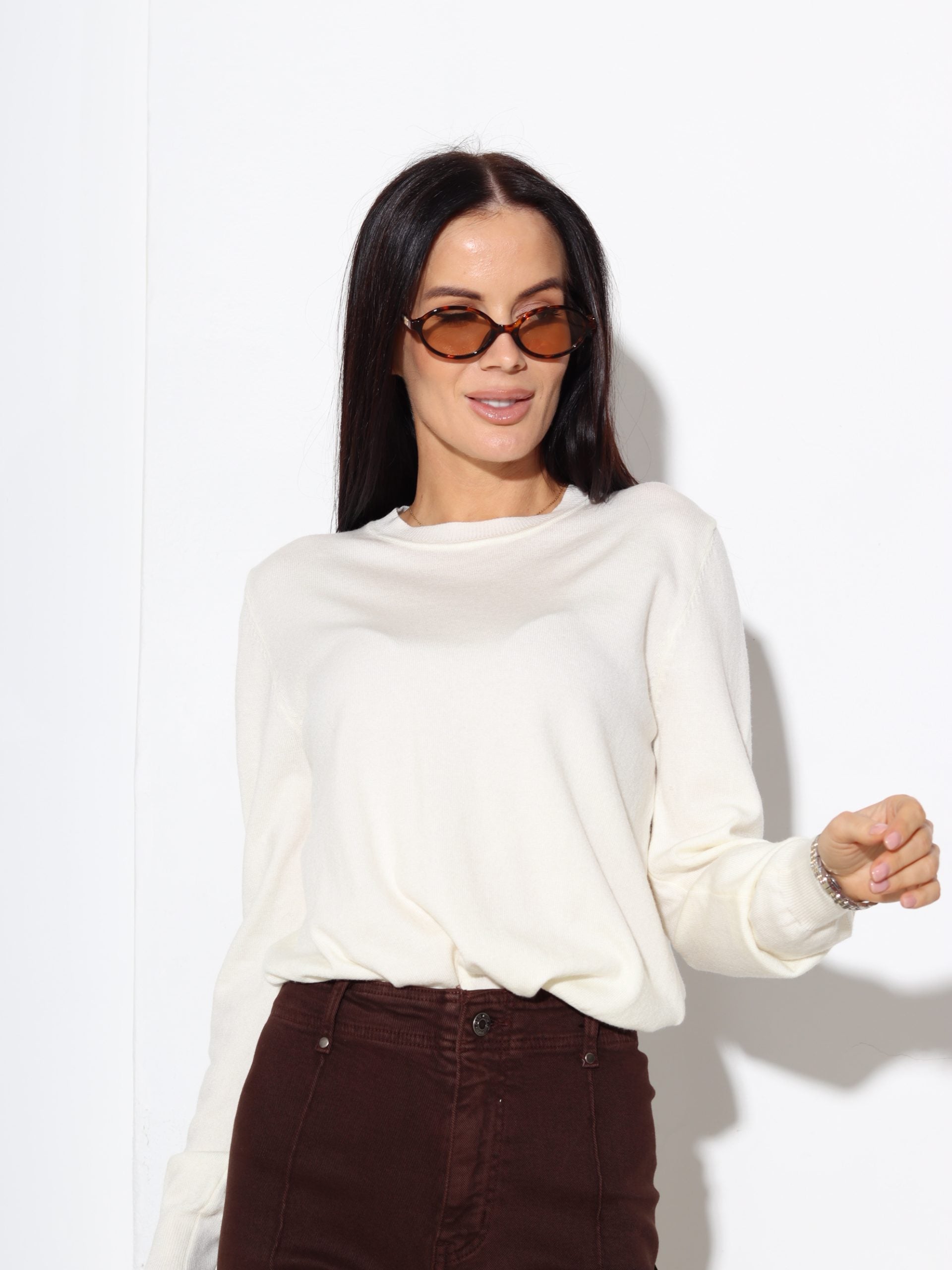 Balts "Basic" smalka adījuma džemperis - 17196