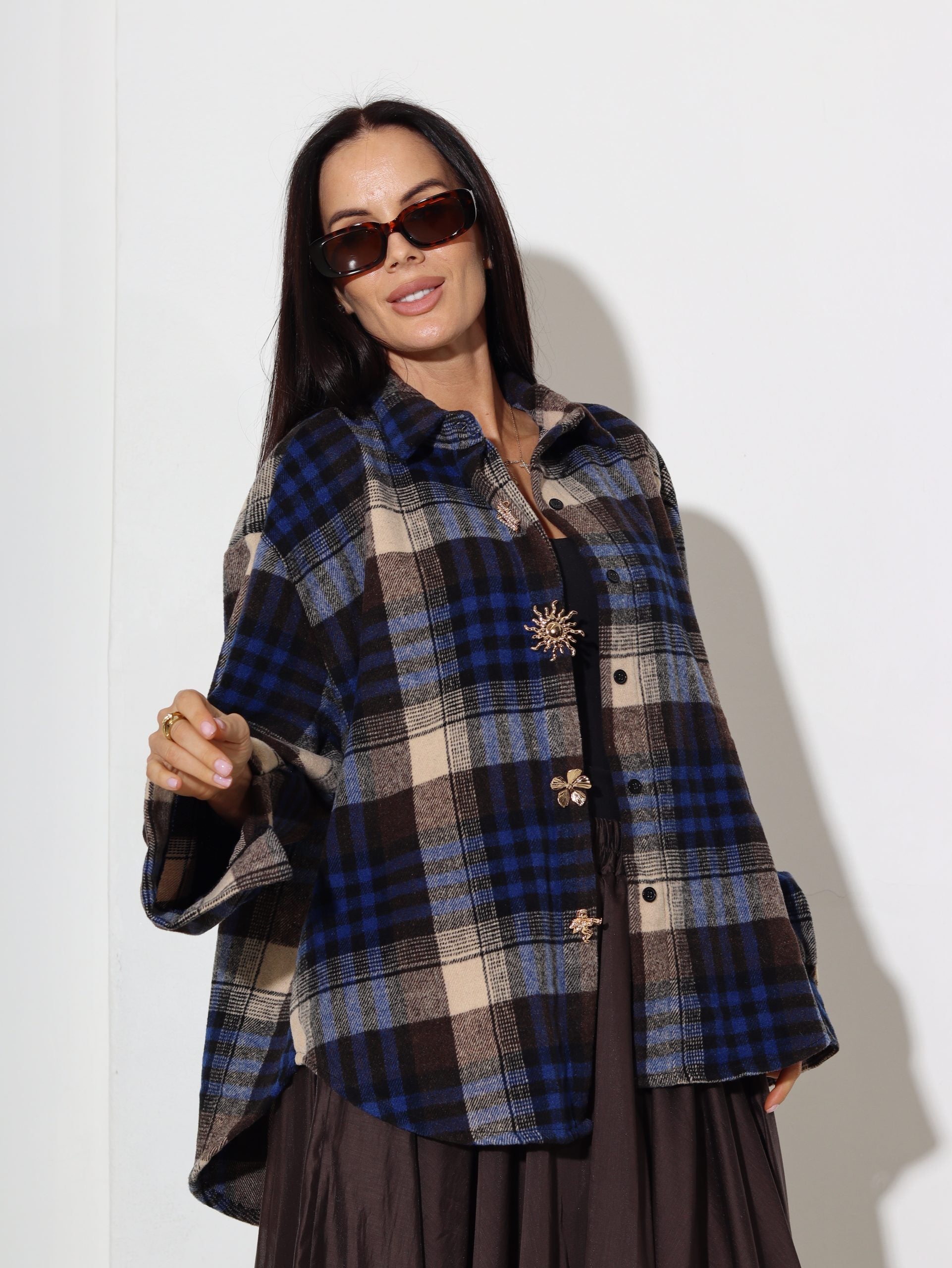 Zils bieza auduma rūtains krekls saule+puķe - 16889