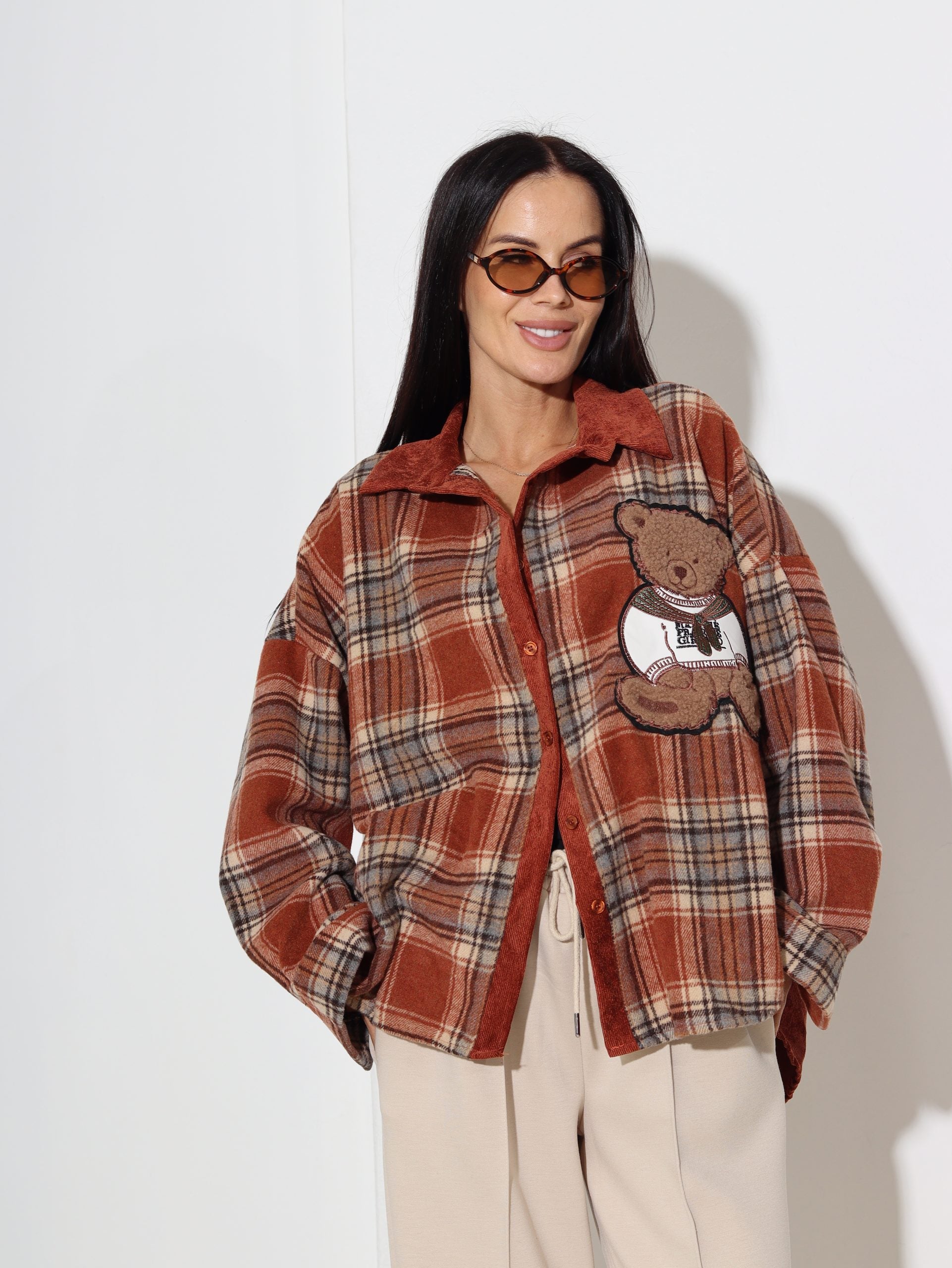 Oranžs/camel rūtains krekls "Lācītis" - 16892