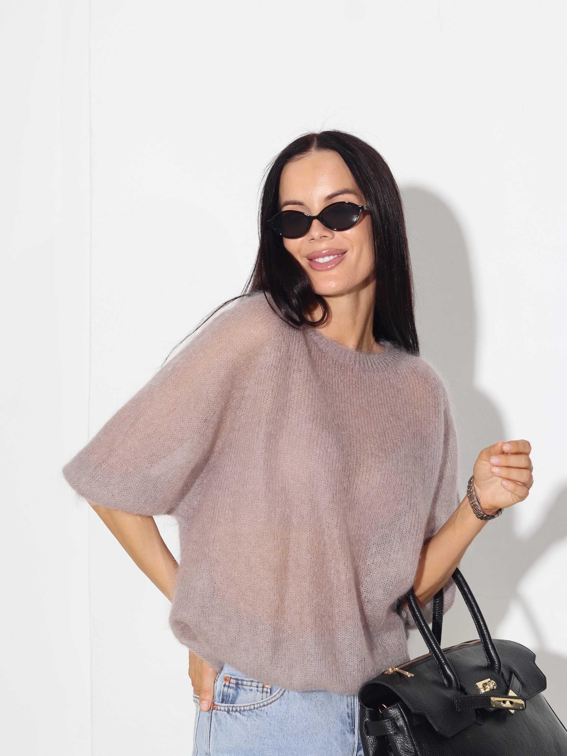 Taupes mohēras džemperis ar īsām piedurknēm - 15851