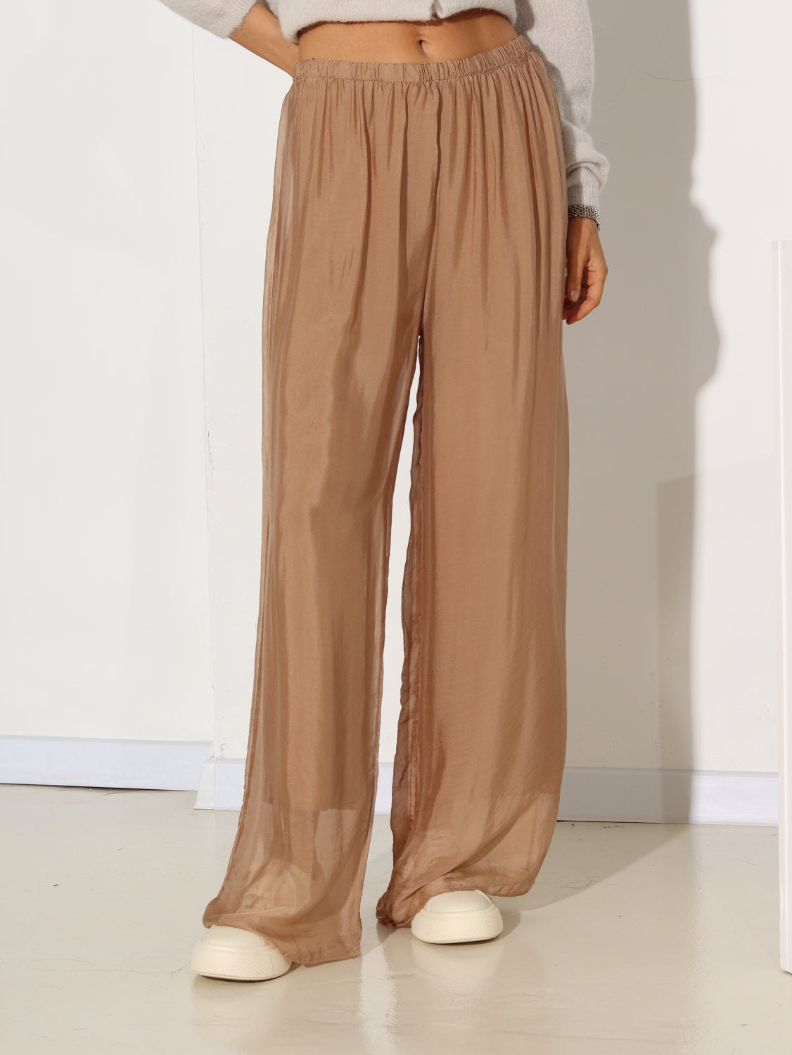 Brūnas/camel satīna bikses ar oderi - 15351