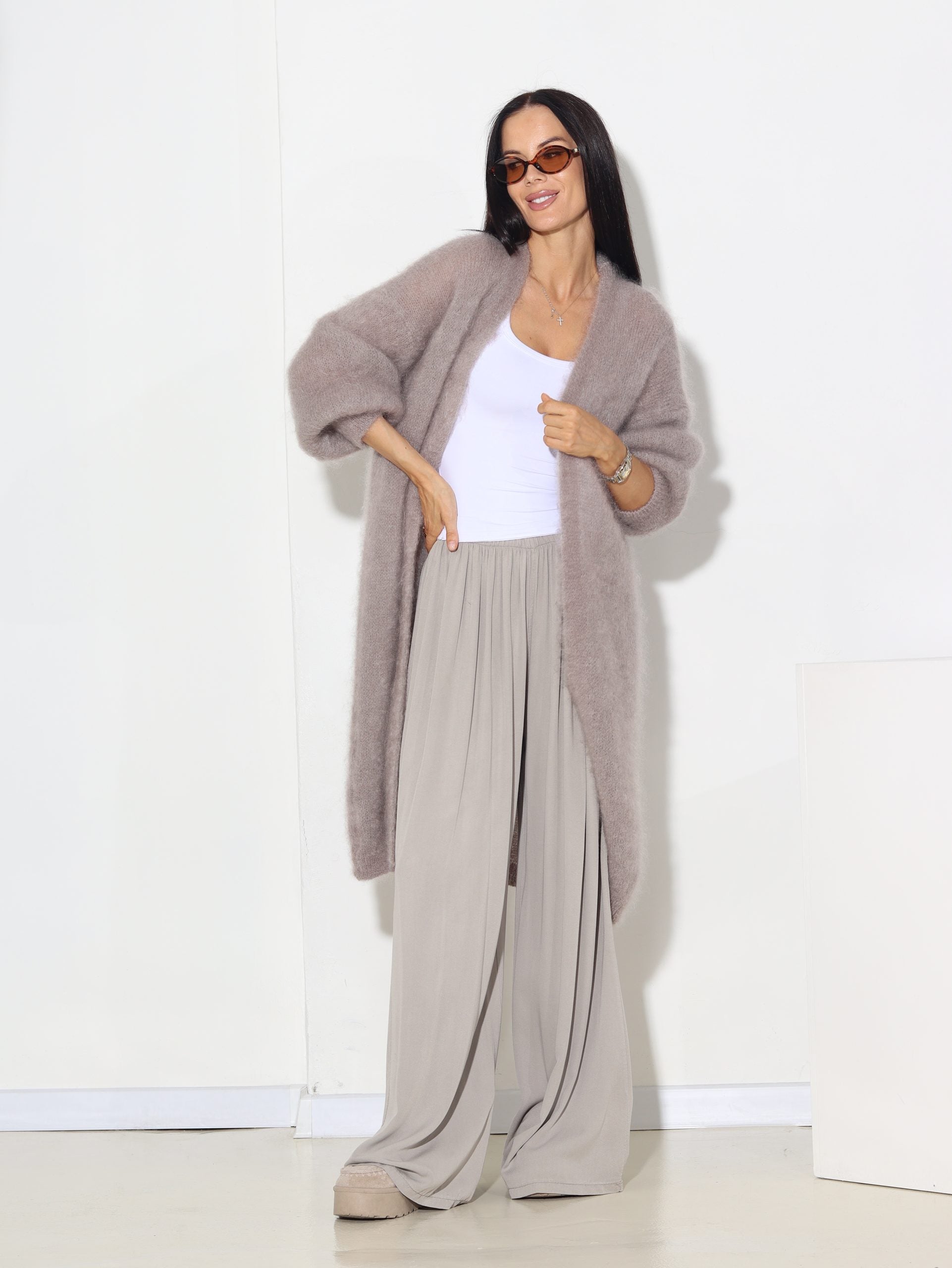 Taupe krāsas mohēras kardigans bez aizdares - 15855