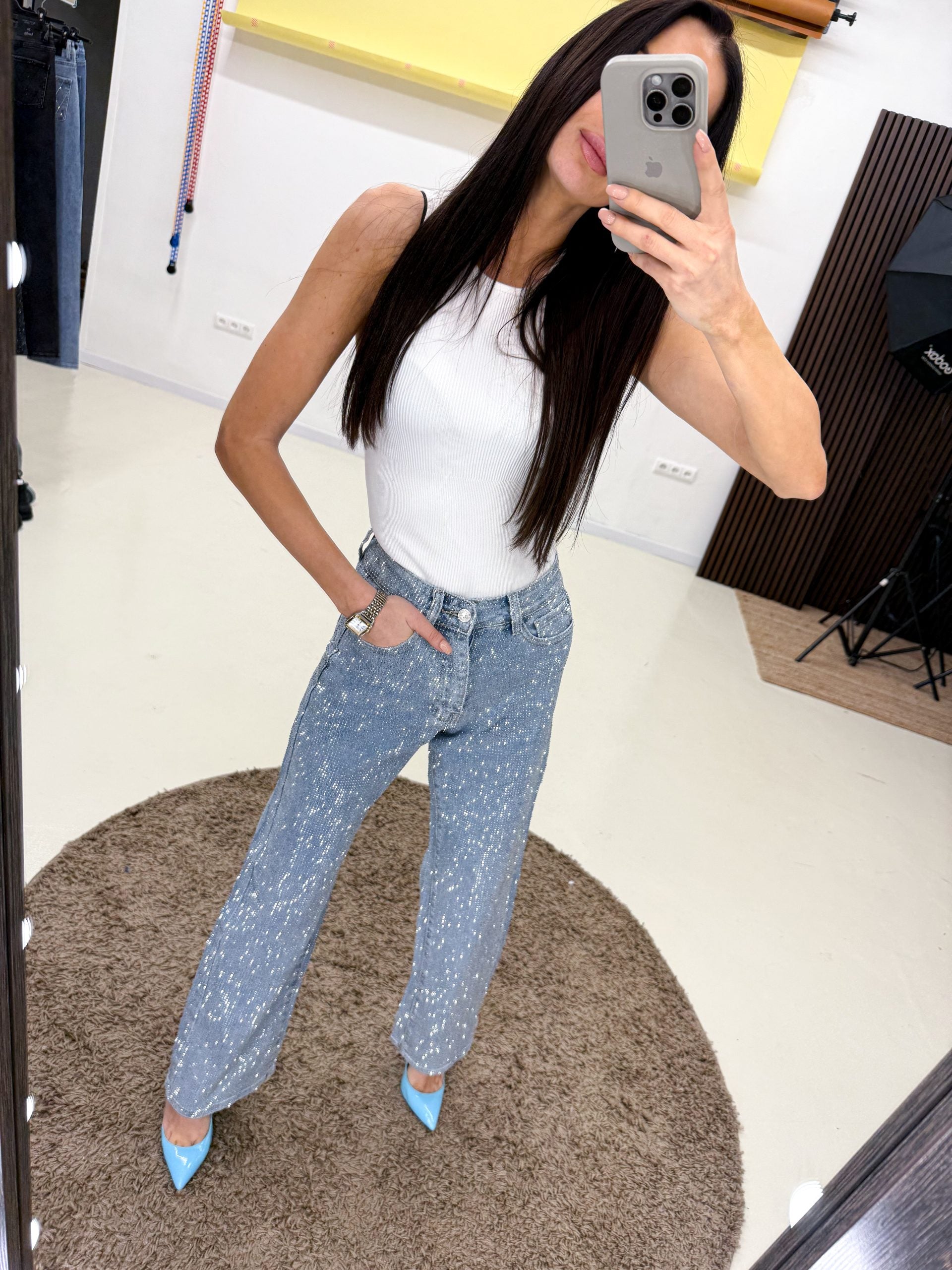 Zilas džinsa bikses ar viscaur akmentiņa akcentu - 14177