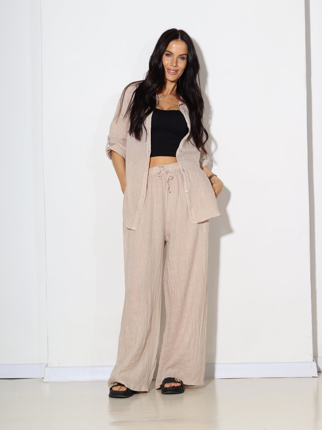 Bēšs lina 2daļīgs komplekts ar biksēm - 14665