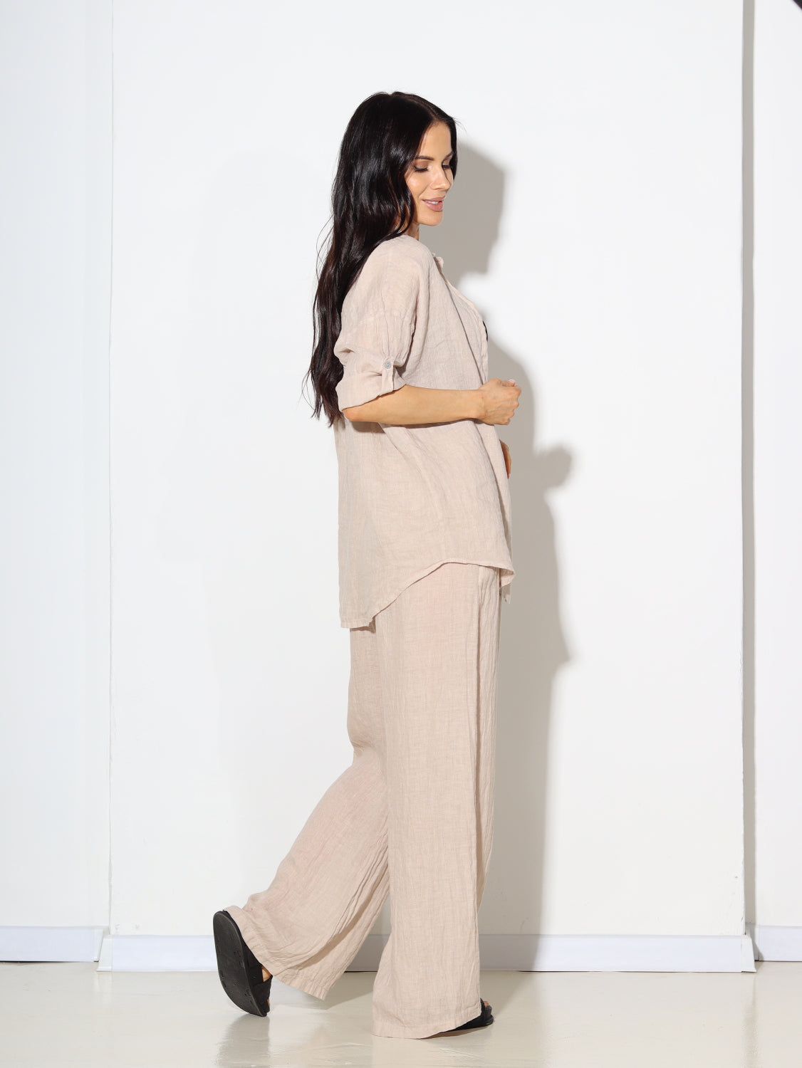 Bēšs lina 2daļīgs komplekts ar biksēm - 14665