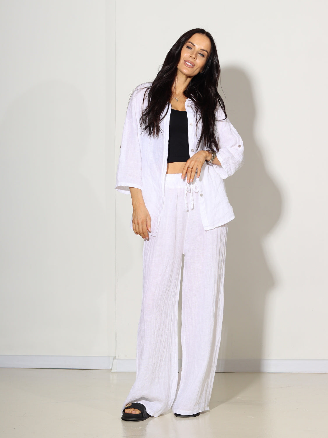 Balts lina 2daļīgs komplekts ar biksēm - 14663