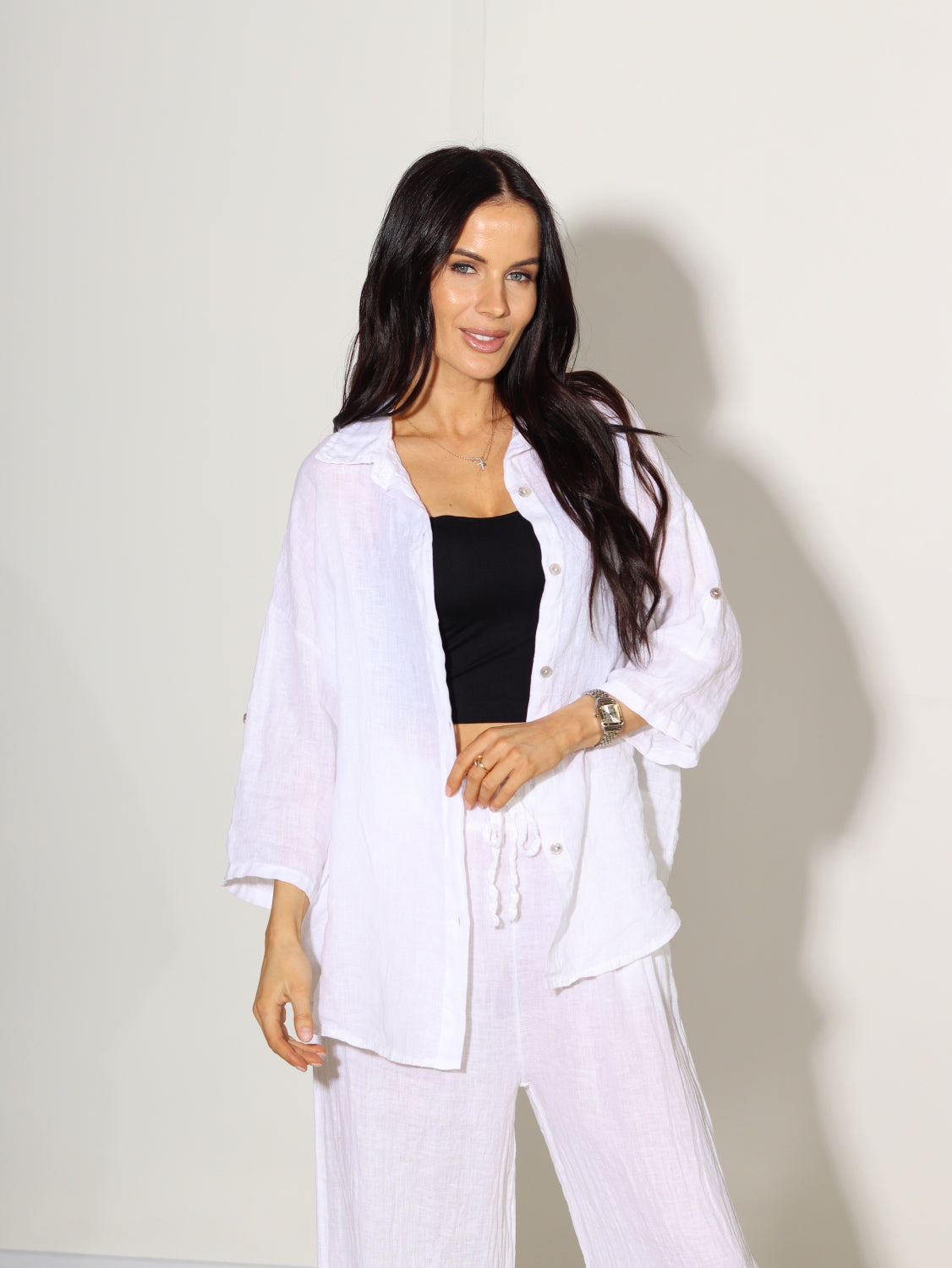 Balts lina 2daļīgs komplekts ar biksēm - 14663