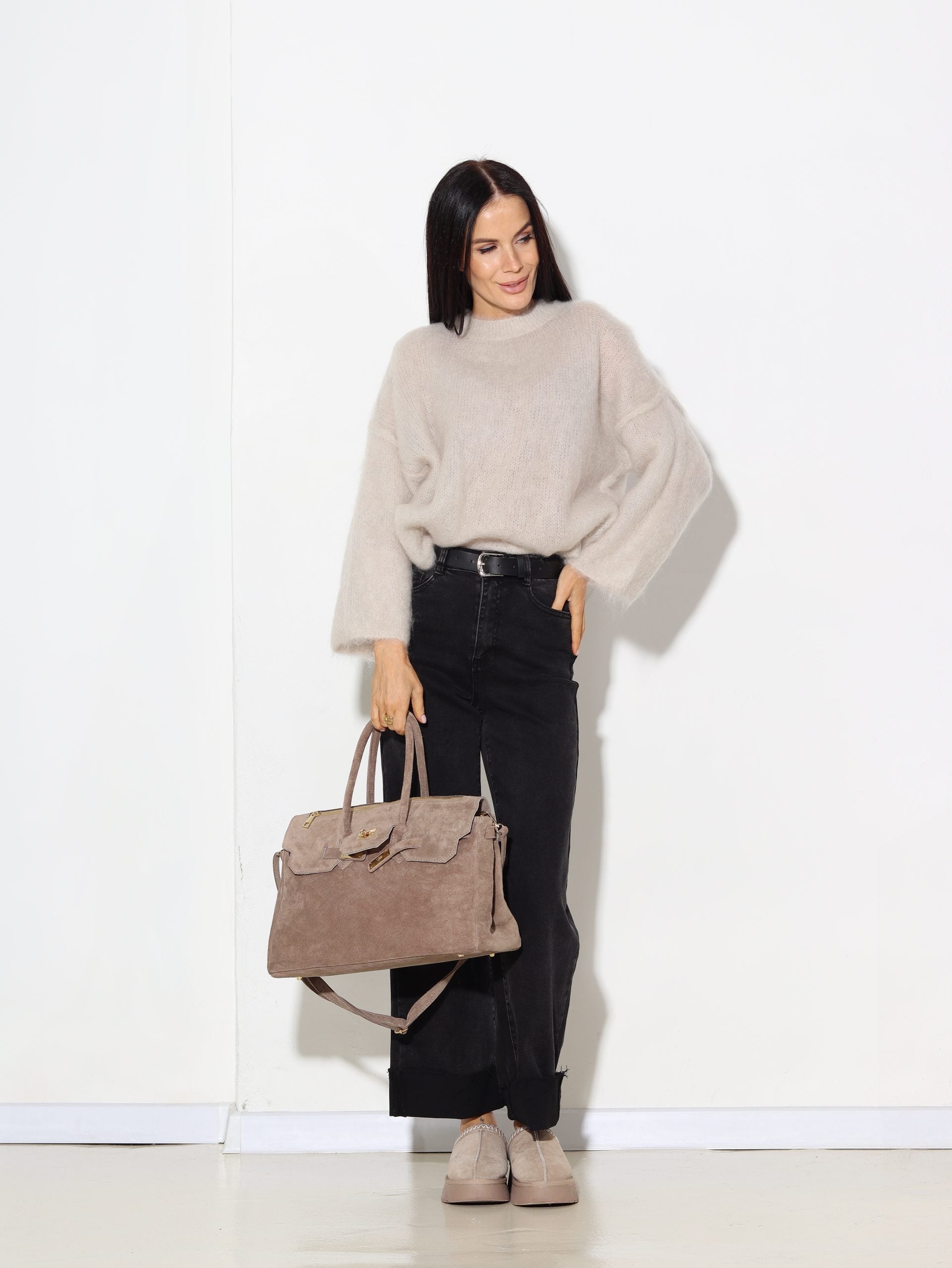 Bēšs mohēras džemperis 'Oversize', īsa piedurkne - 16946