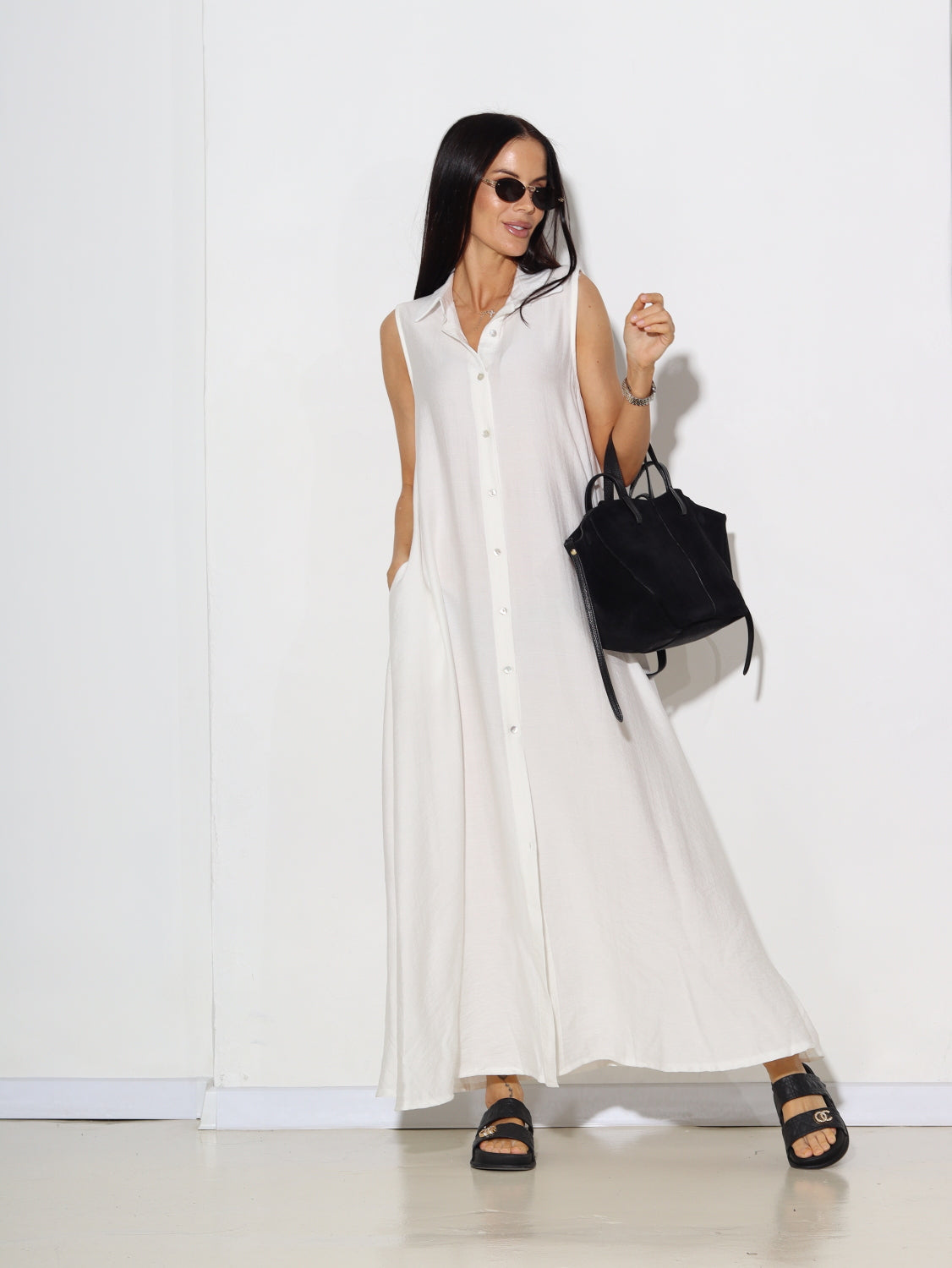 Balta, gara, pogājama kleita bez piedurknēm - 15610