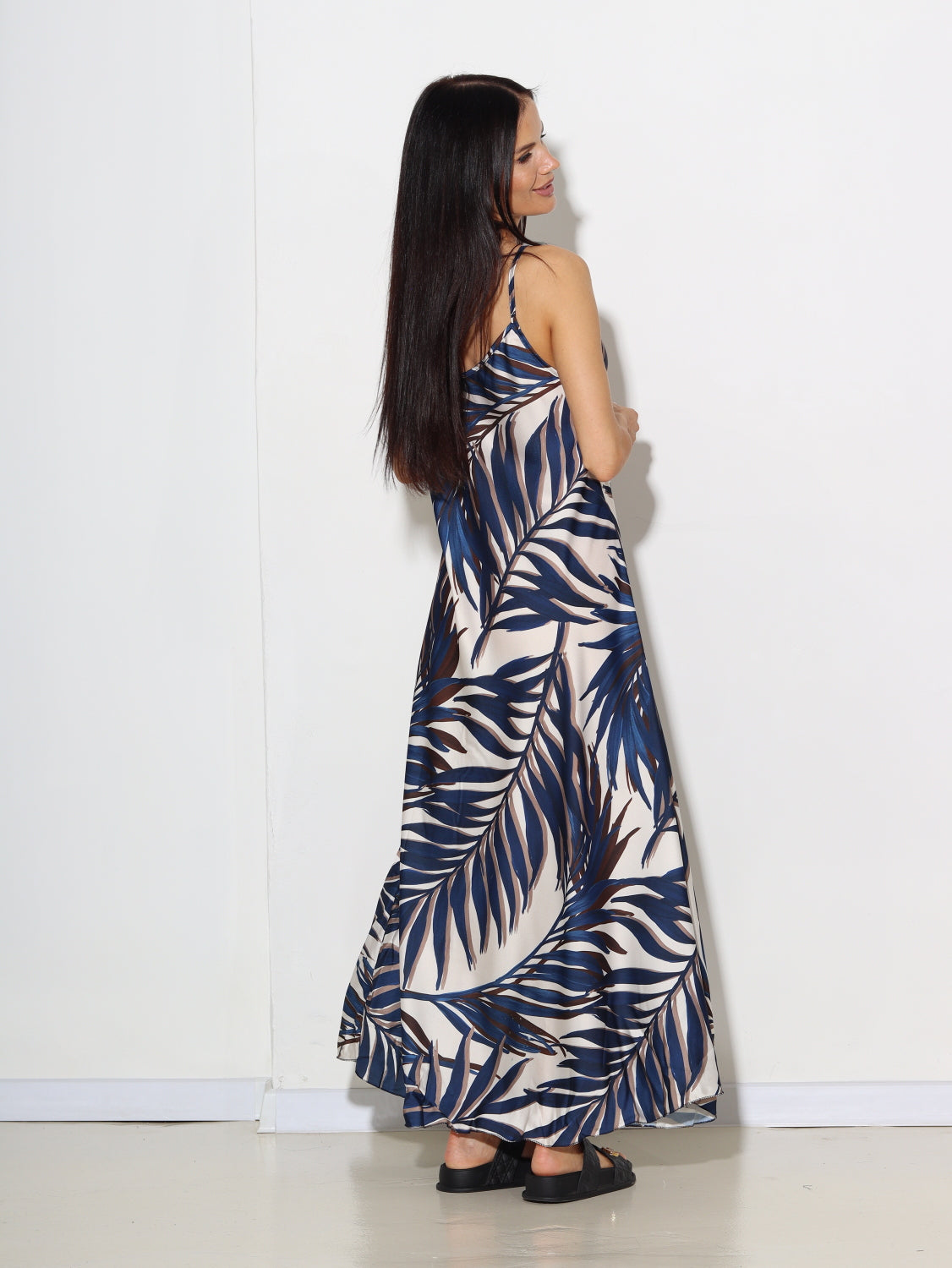 Zila, gara, palmu printa, atlasa lencīškleita - 15598