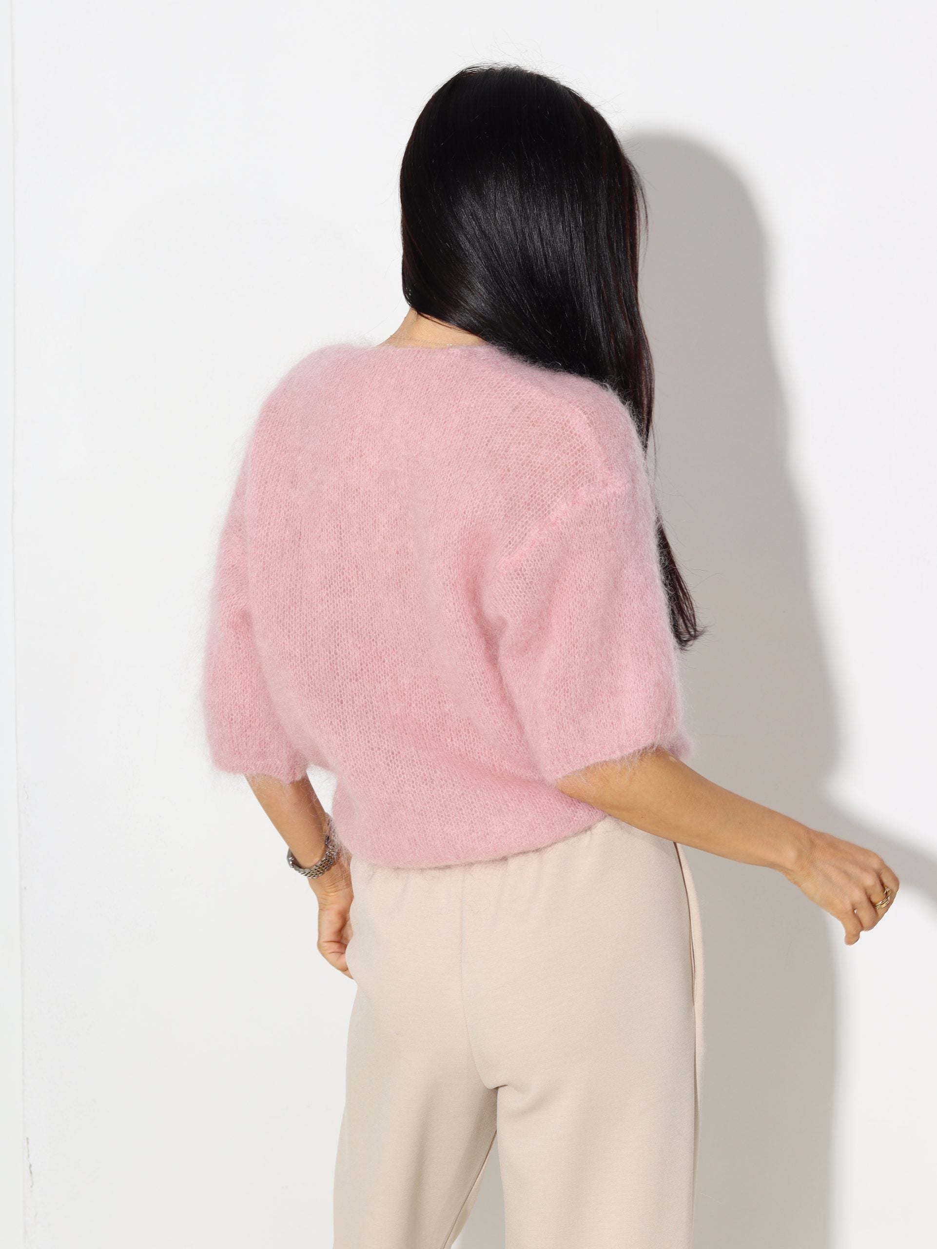 Baby rozā mohēras adījuma džemperis ar 'V' dekoltē - 16963