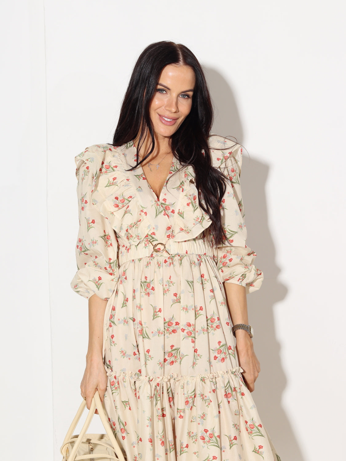 Bēša, midi kleita ar volānu un ziedu rakstu - 14782