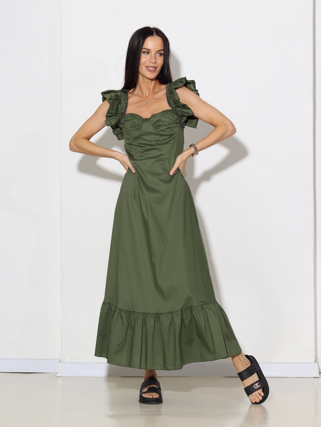 Zaļa/hakī, gara kleita ar rišiņu plecu lencēs - 15626