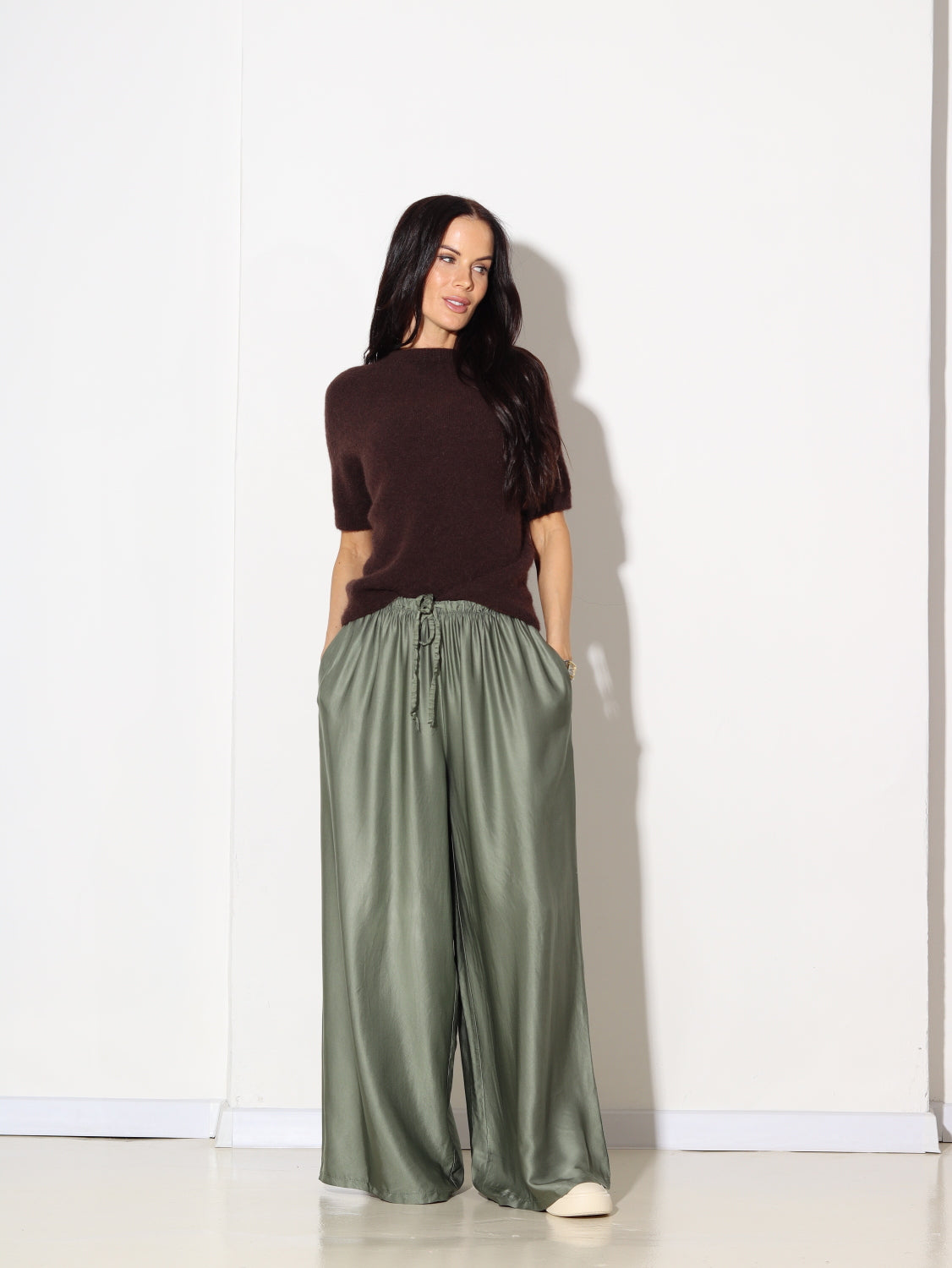 Zaļas/hakī zīda, platstaru bikses - 14790