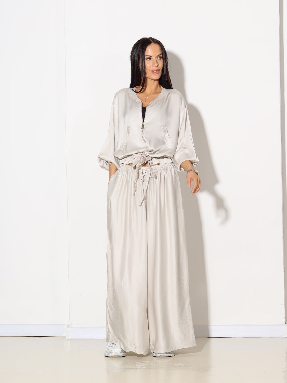 Bēšas zīda platstaru bikses - 14609