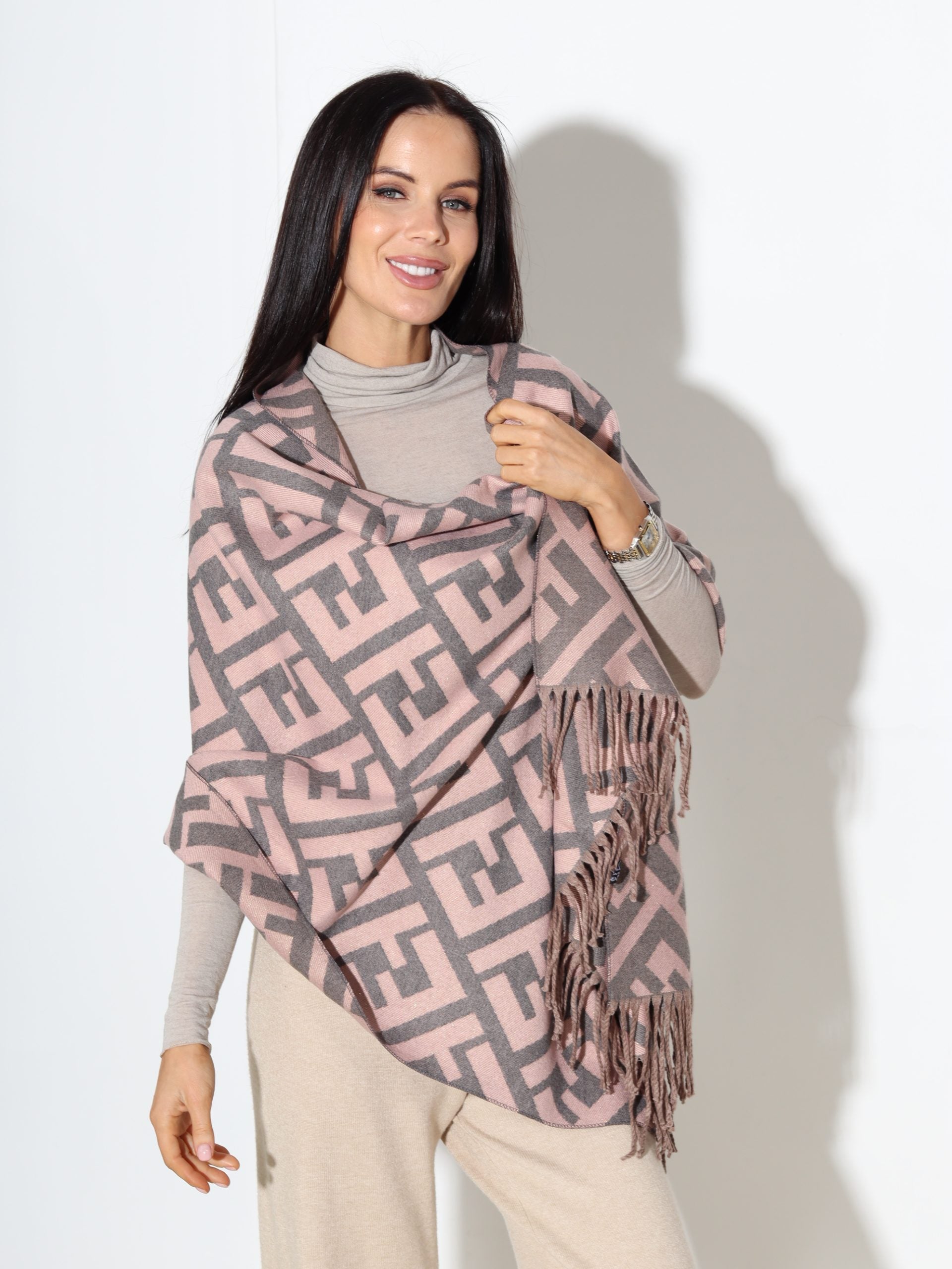 Rozā+pelēka šalle ar ornamenta rakstu - 17419