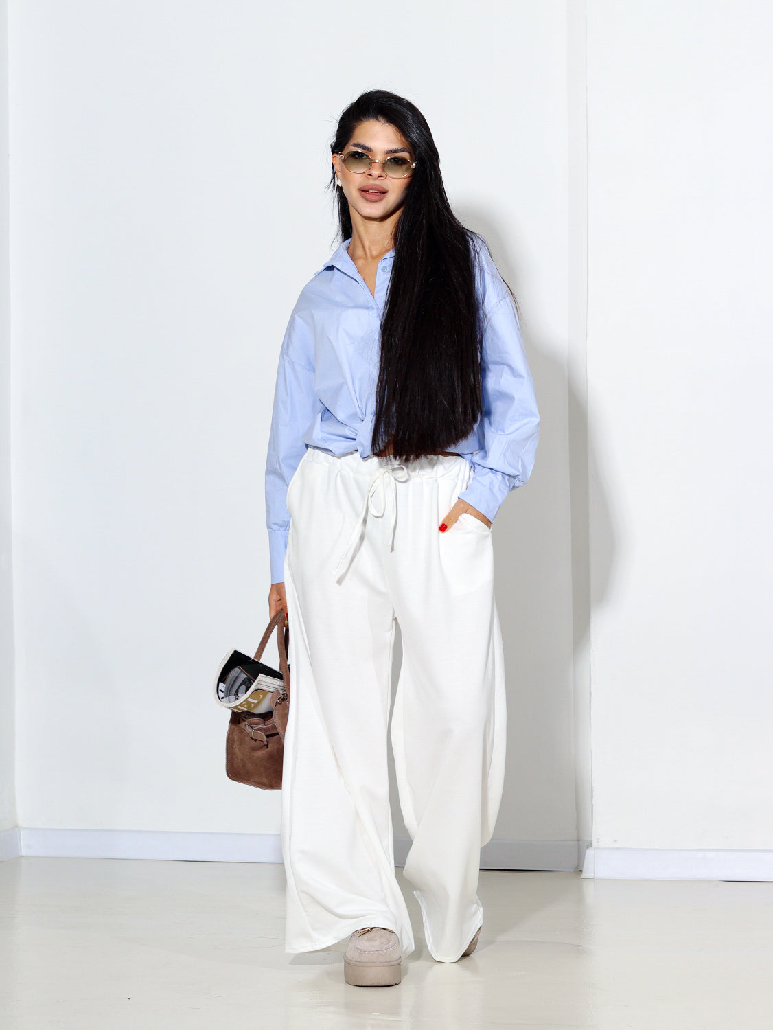 Baltas brīva piegriezuma bikses - 14333