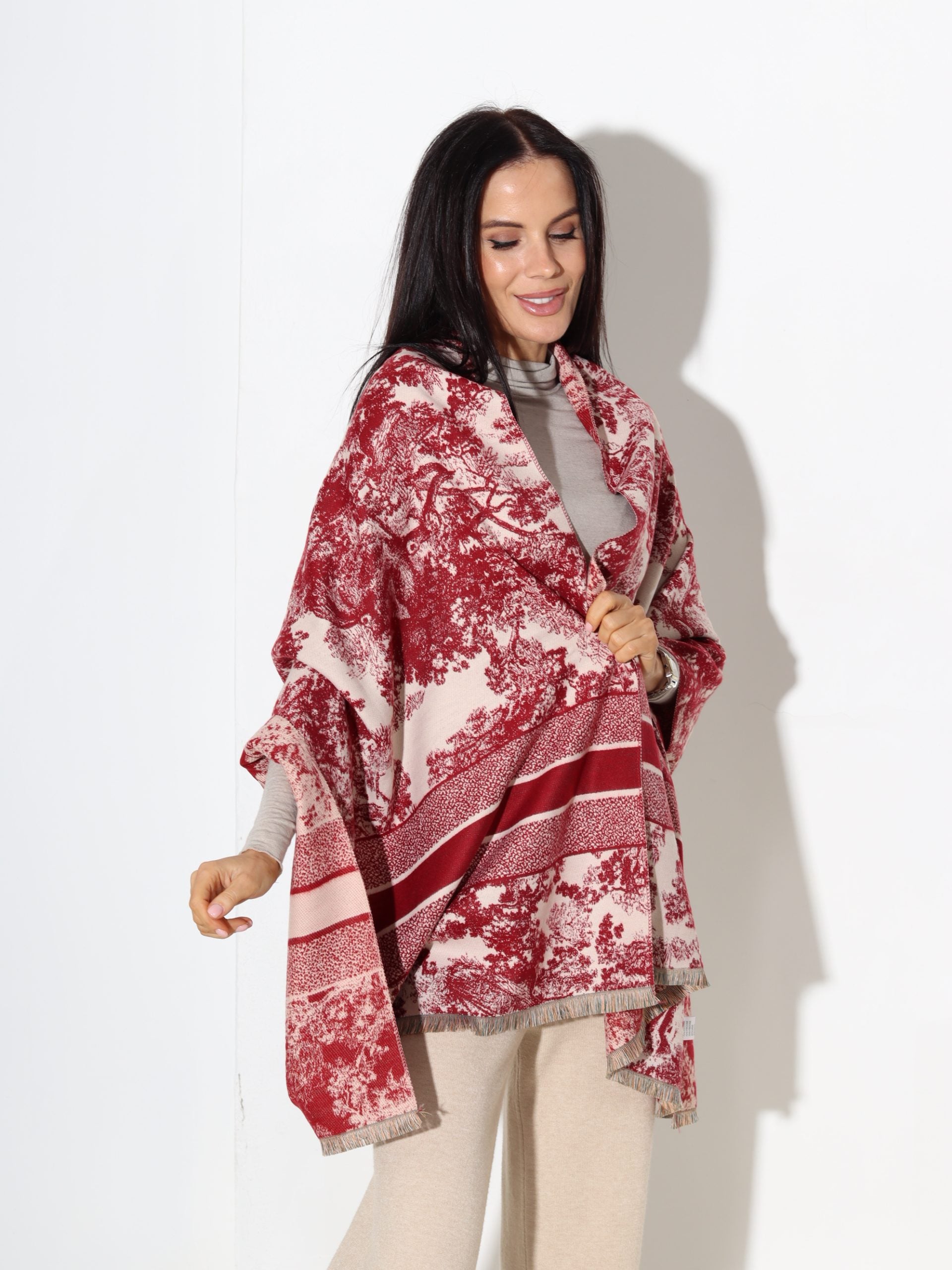 Sarkana šalle ar gleznas printu - 17426