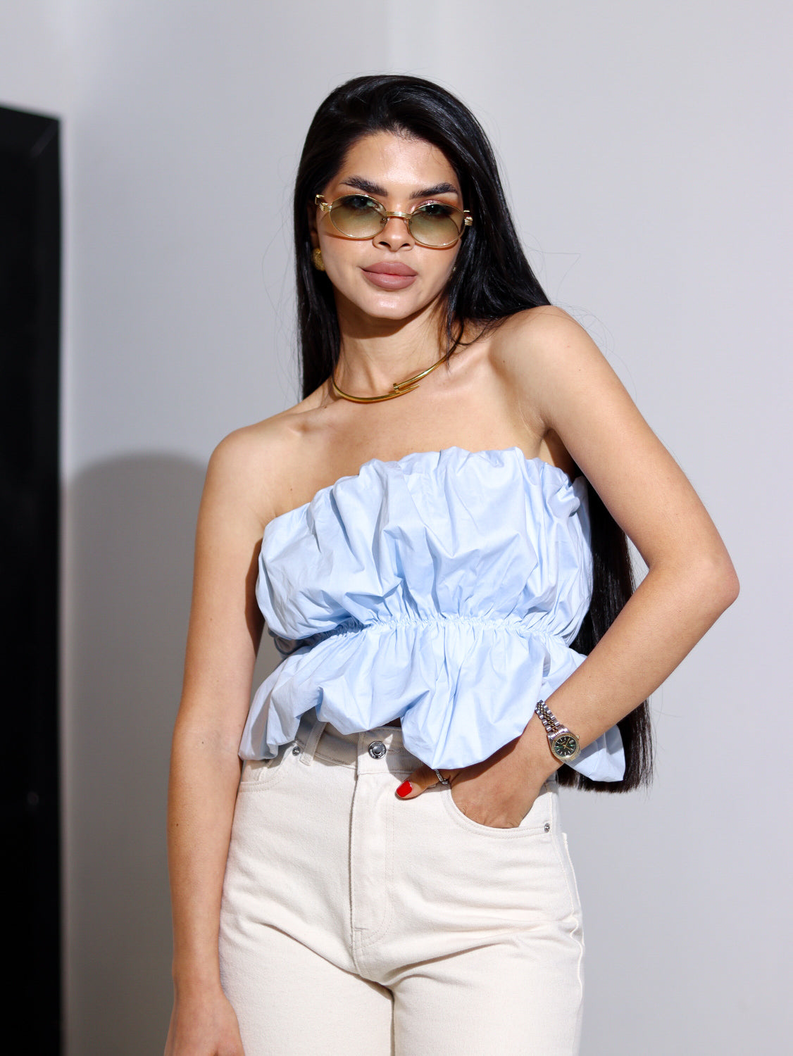 Zils tops ,,Mākonīts'' ar savilkumu viduklī - 14350