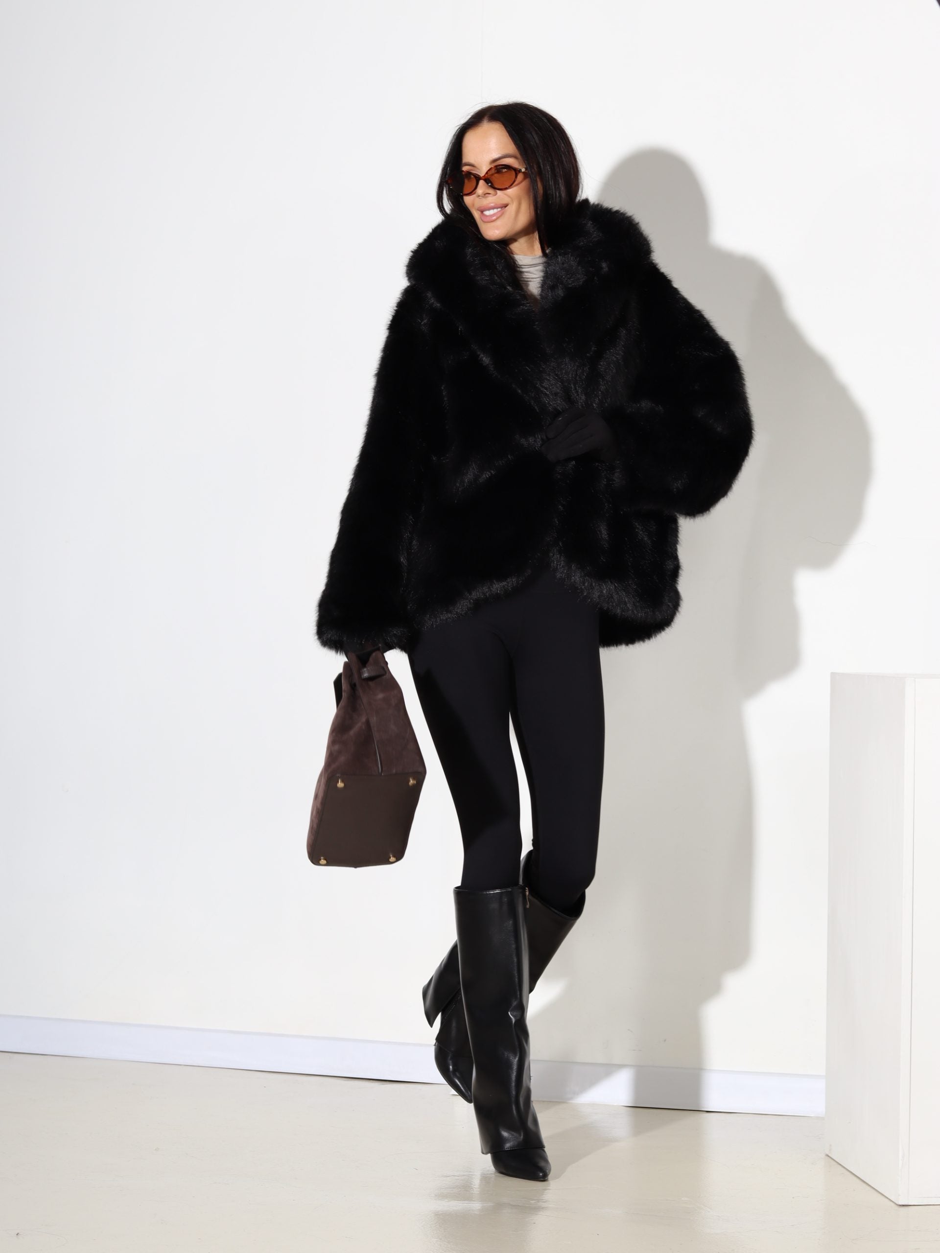 Melns, īss kažoks ar kapuci - 17751