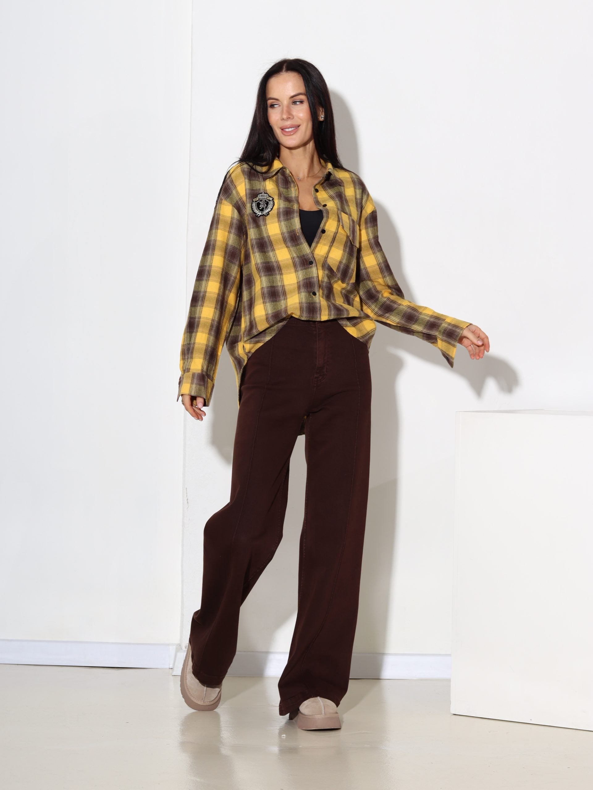 Dzeltens lielrūtu krekls ar mežģīnes akcentu - 17463