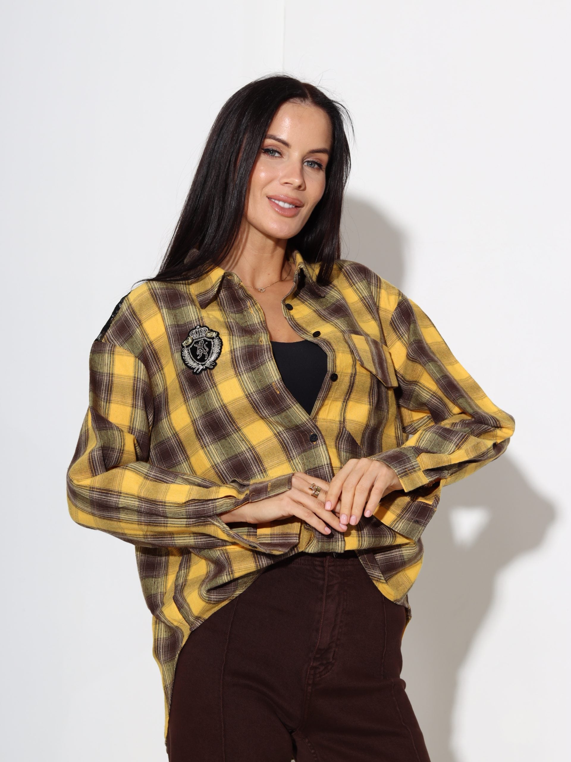 Dzeltens lielrūtu krekls ar mežģīnes akcentu - 17463