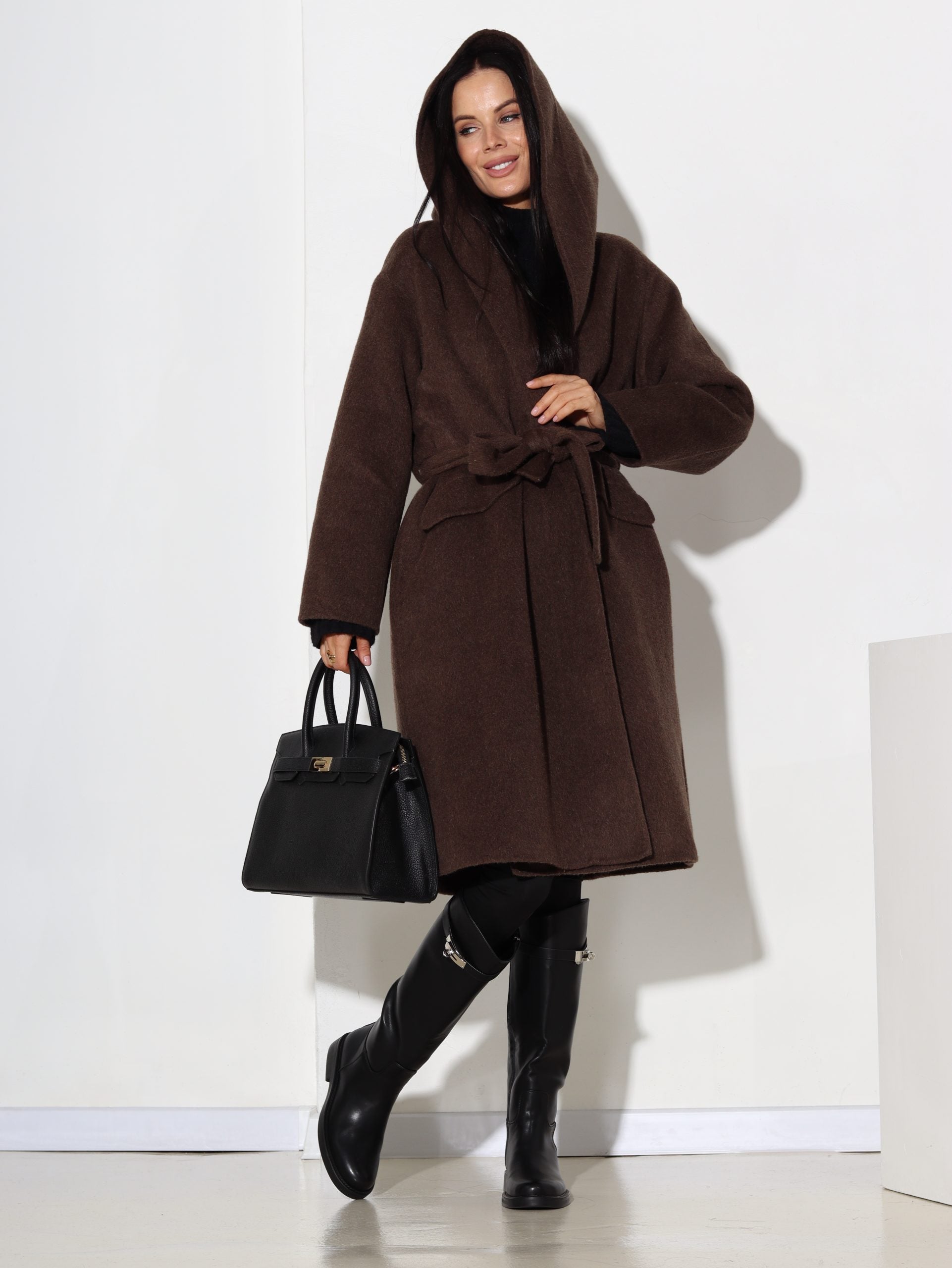 T.brūns vilnas mētelis ar kapuci - 17042