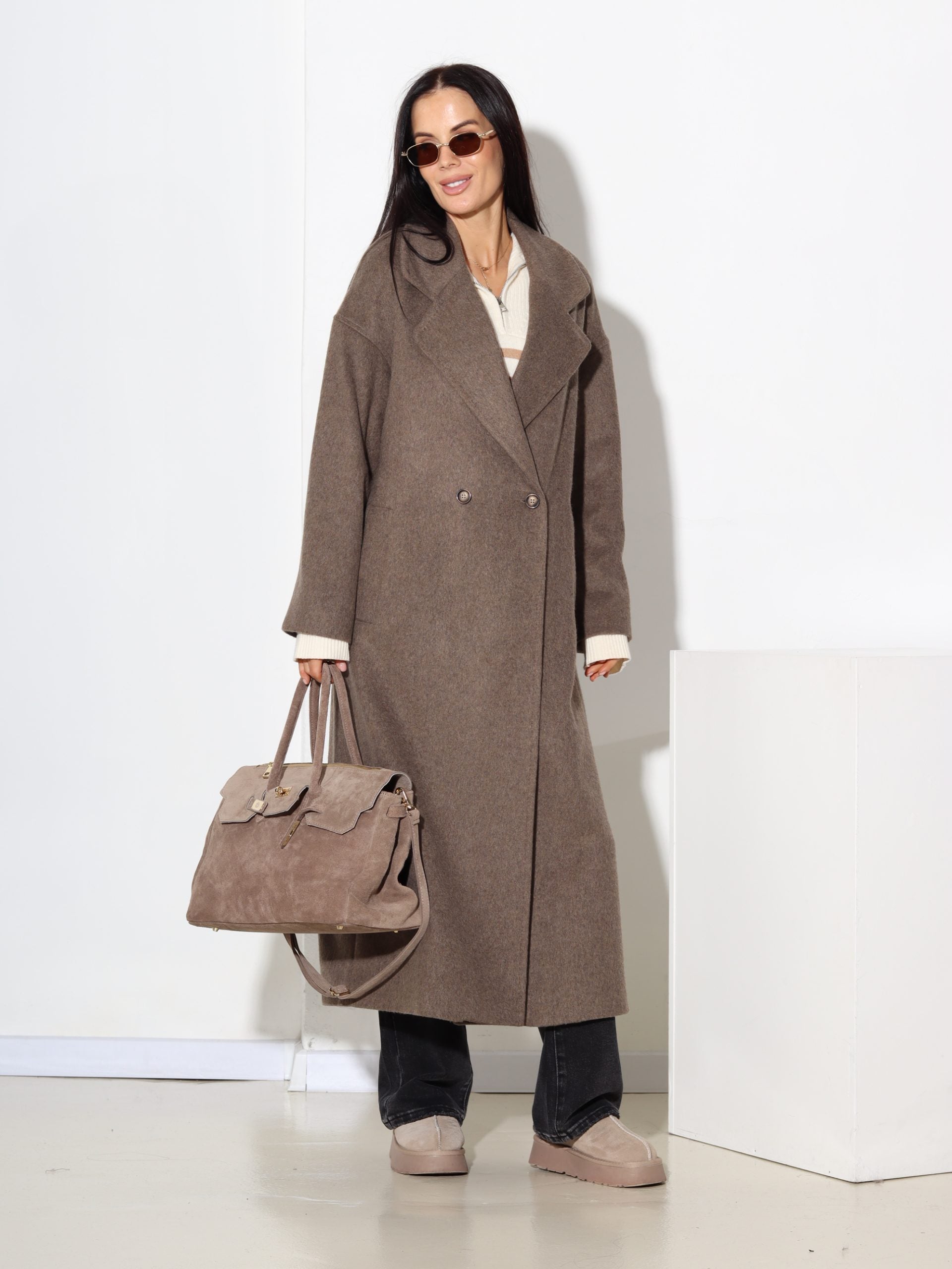 Taupe, taisnas piegrieznes mētelis ar vilnu sastāvā - 17443