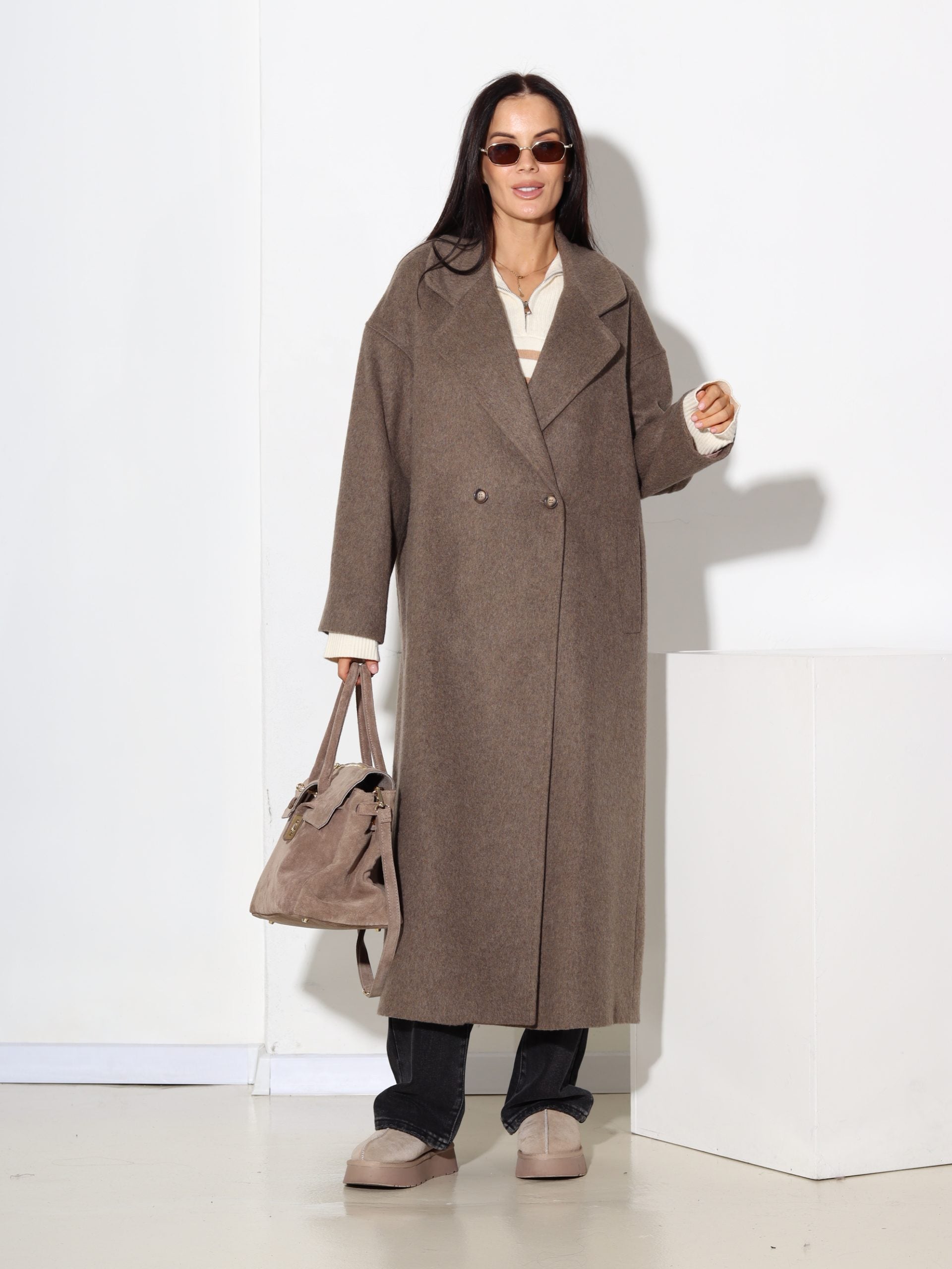 Taupe, taisnas piegrieznes mētelis ar vilnu sastāvā - 17443