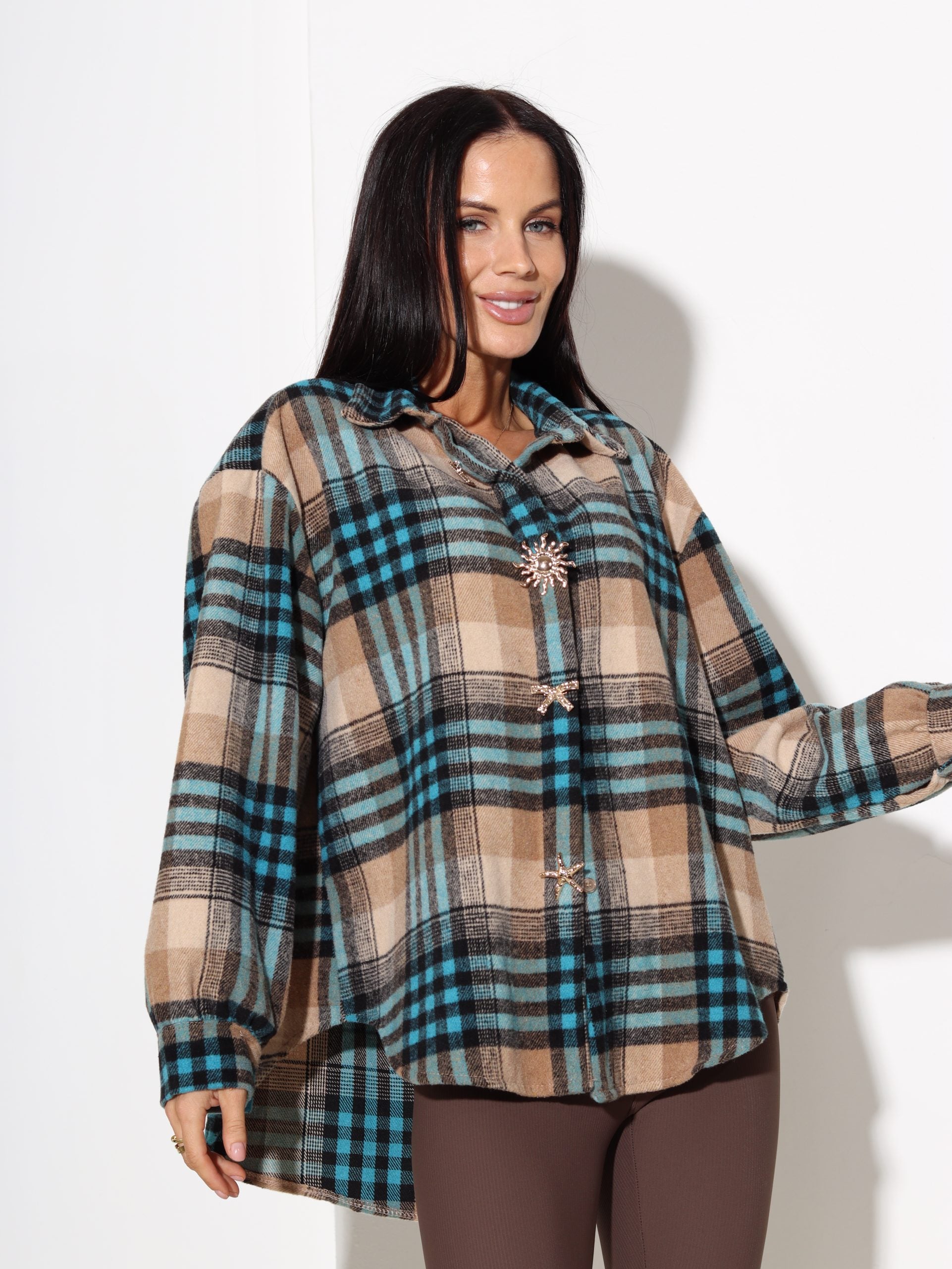 Tirkīzzilu rūtiņu raksta krekls ar pogu piespraudēm - 17092